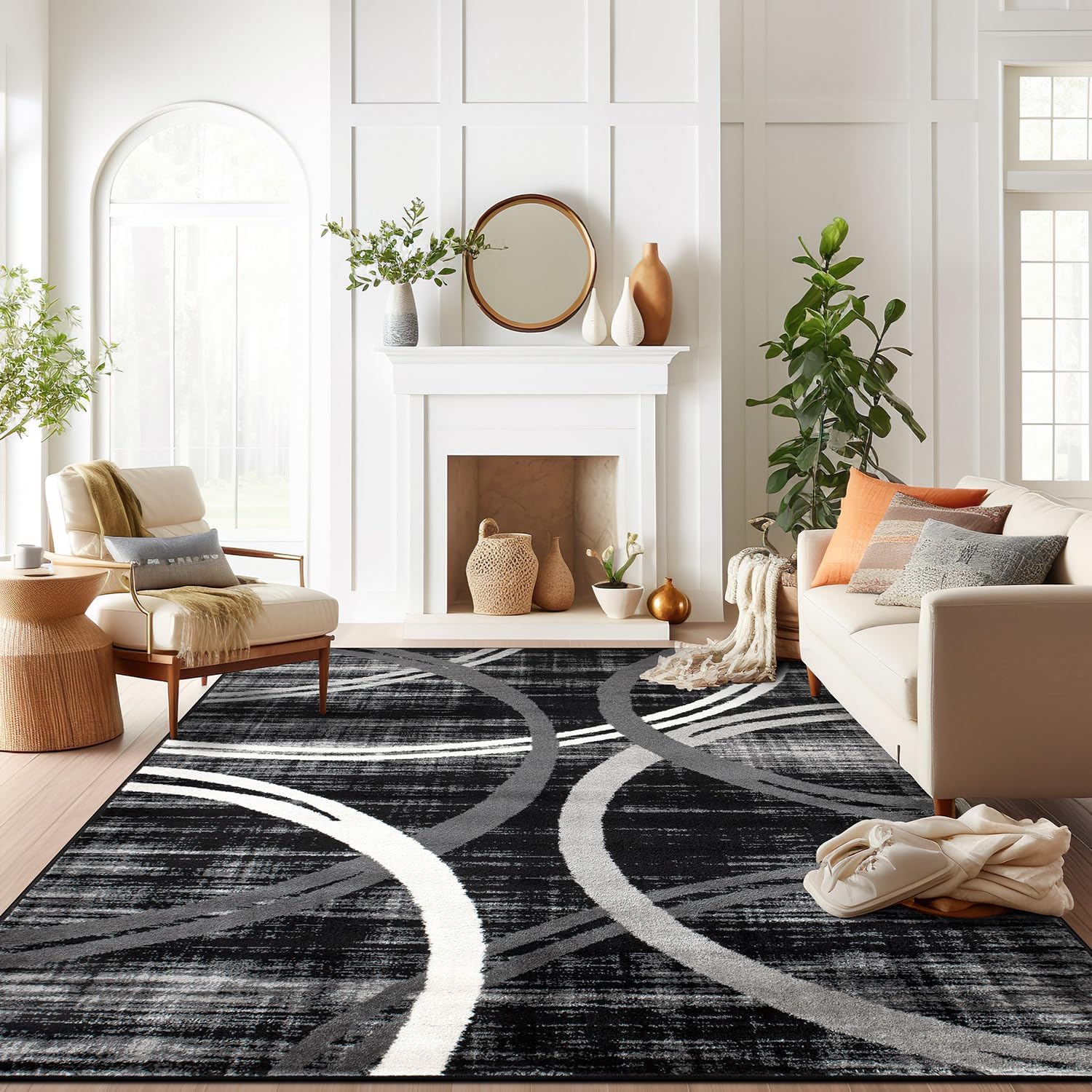 Rugshop Modern Wavy Circles Design Area Rug, Non-Shedding Carpet for Living Room, Primary Bedroom, or Dining Room, Grand Room,Open Spaces Black, 10' x 14'