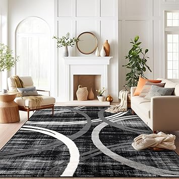 Rugshop Modern Wavy Circles Design Area Rug 10' x 14' Black