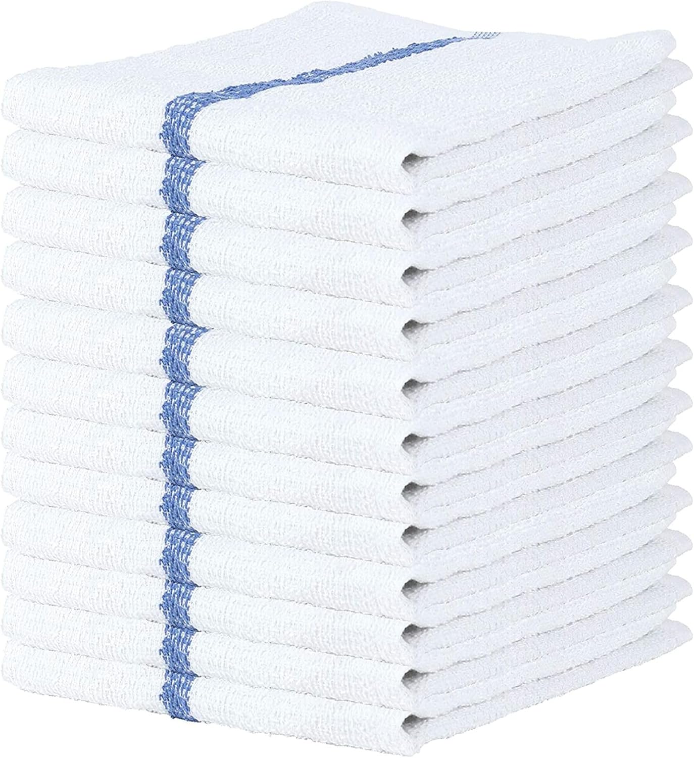 12 Pack of Bar Mop Towels - 16x19 Inches, 100% Cotton, Super Absorbent, Blue Stripe