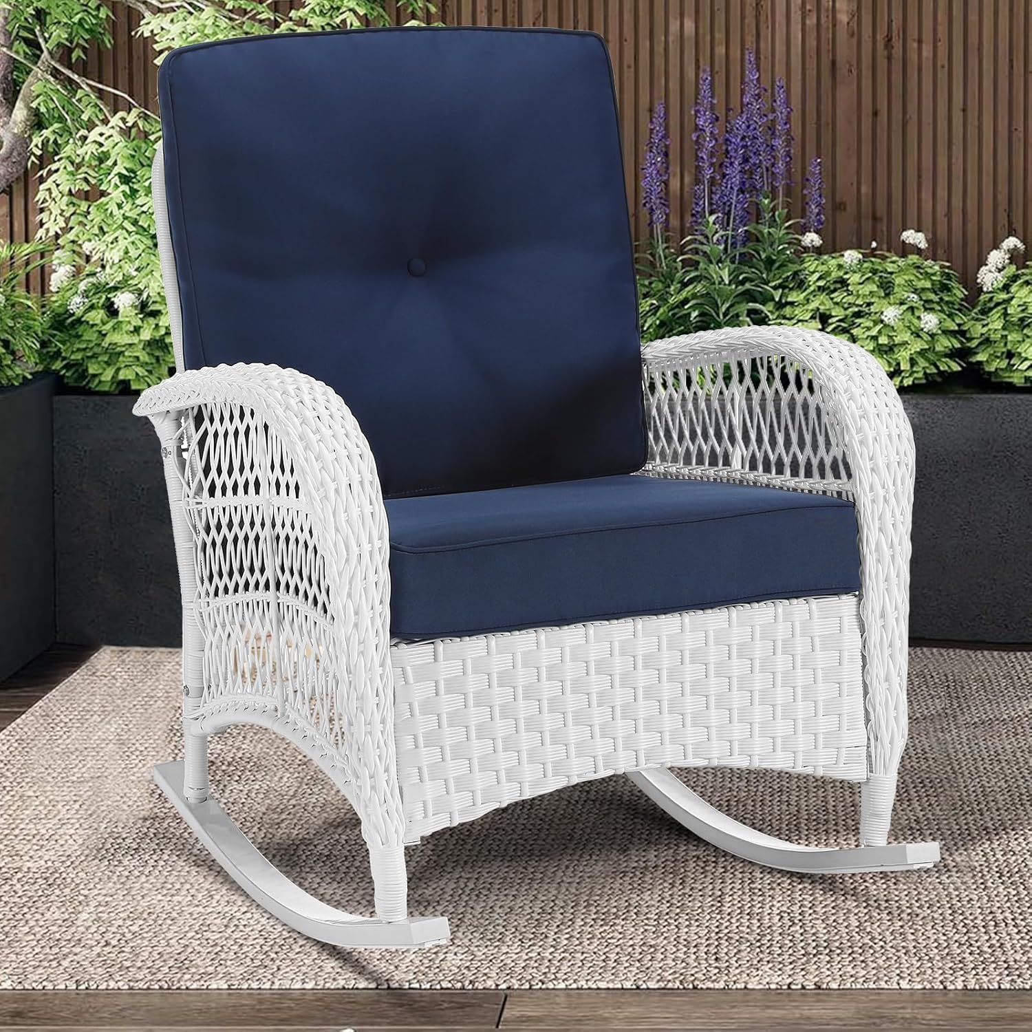 MEETWARM Outdoor Wicker Rocking Chair, Rattan Patio Rocker Chairs with Cushions and High Back, All-Weather Patio Wicker Chair with Safe Rocking Design for Garden Backyard Porch, White/Navy