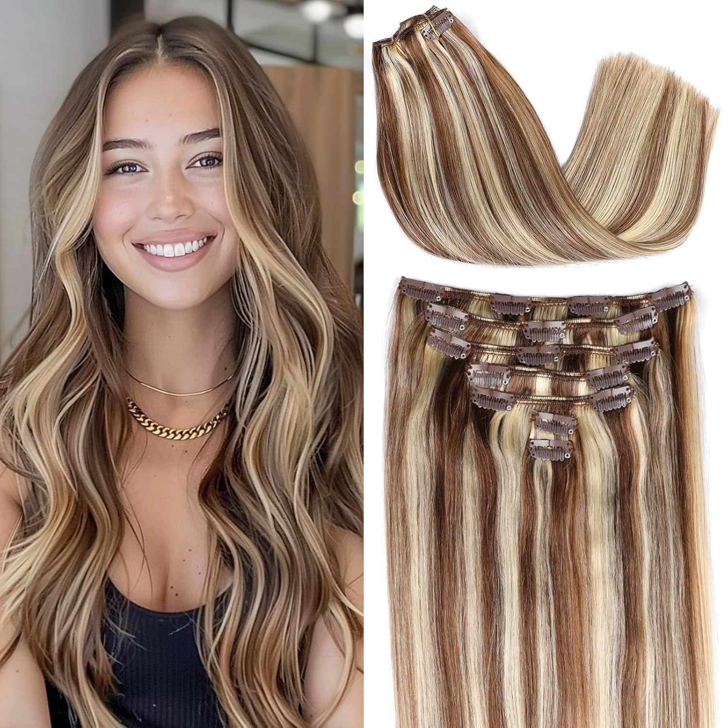 ORIGEN Clip In Hair Extensions for Women, Real Remy Human Hair, Medium Brown with 613 Blonde Highlights, 120g, 7 Pcs, 16 Inches