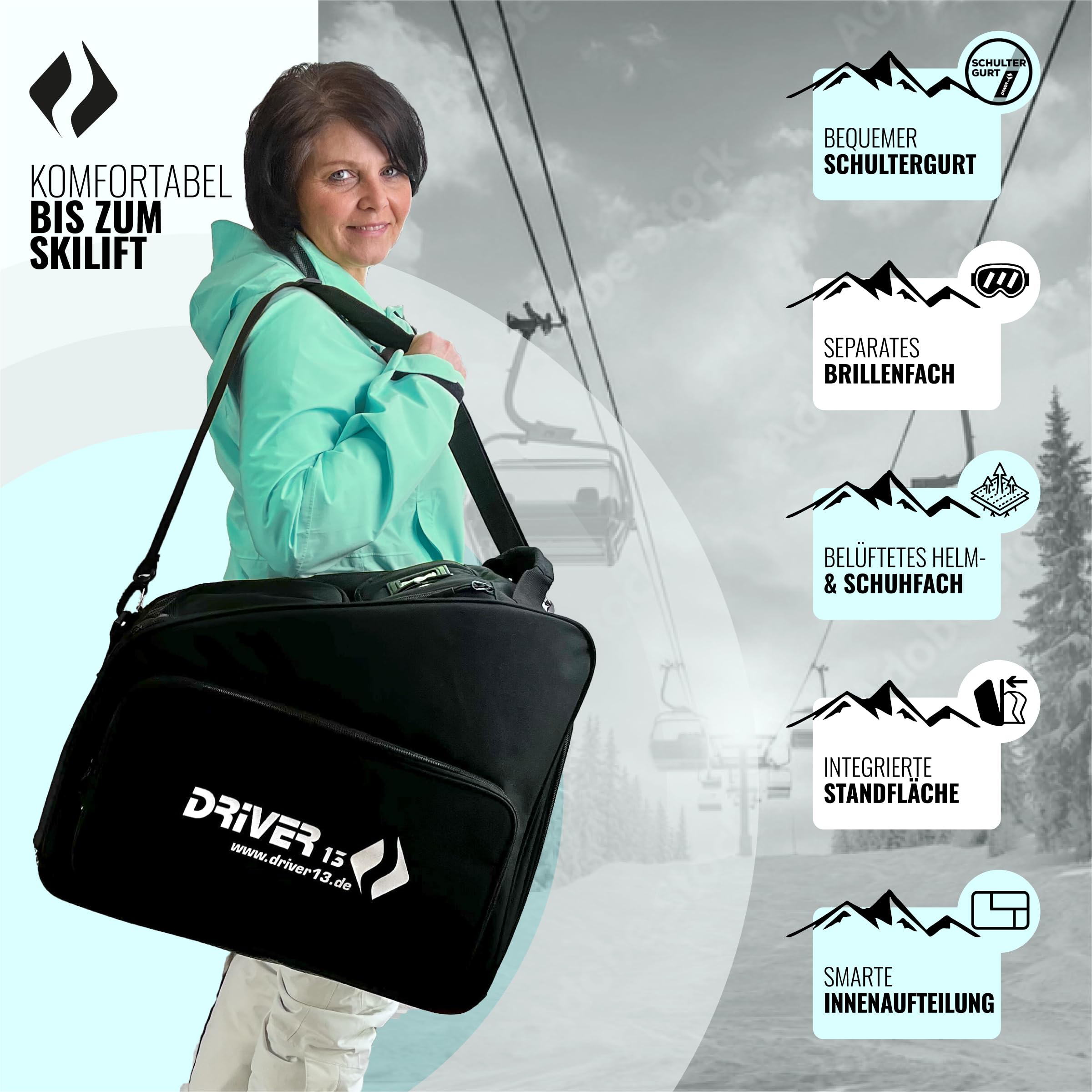 Driver13 Bolsa para Botas de esquí con Compartimento para Casco, Negro