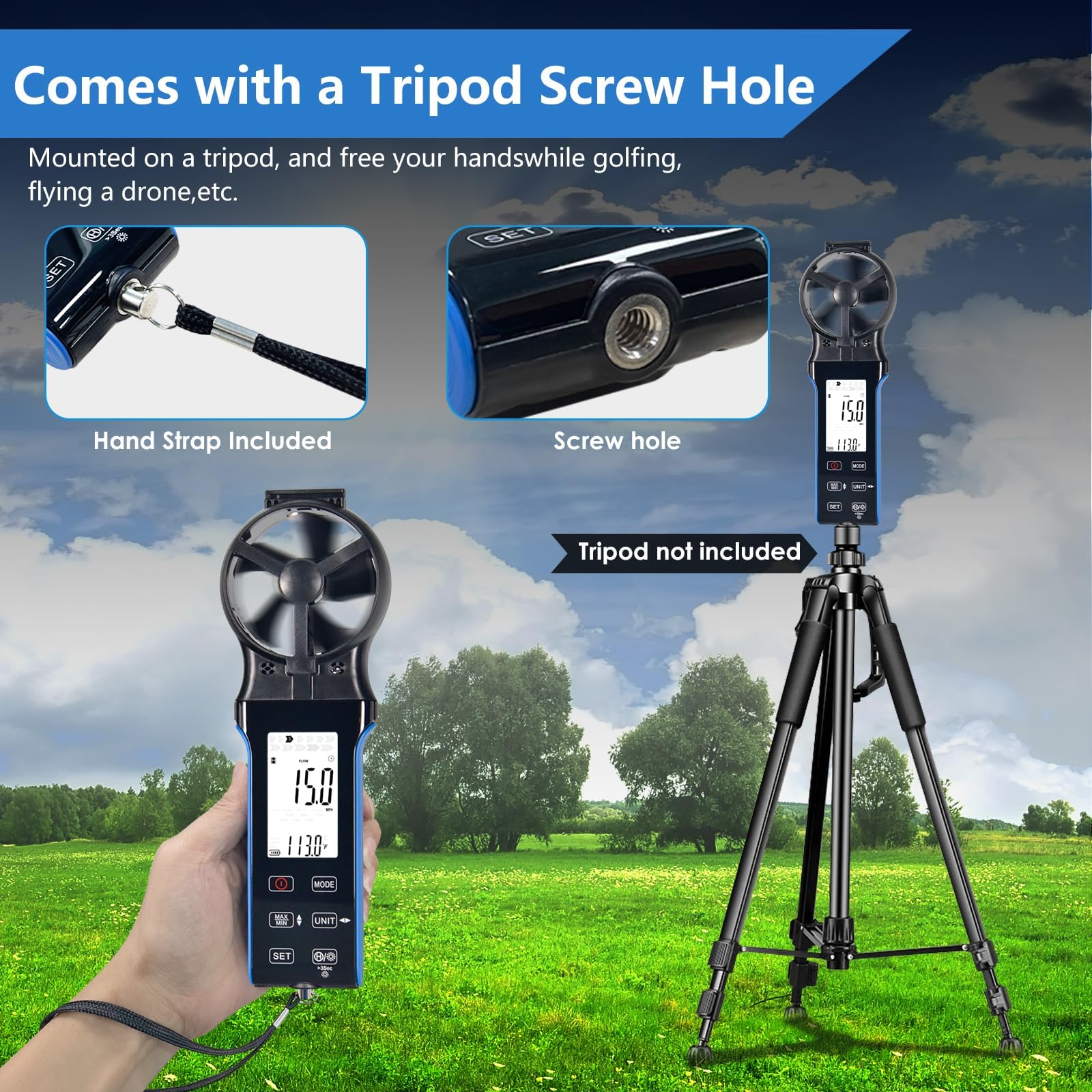 Digital Anemometer CFM CMM CMS Luftstrom-Geschwindigkeitsmesser LCD Hintergrundbeleuchtet Windgeschwindigkeit Windtemperatur HLK Windmesser 270° drehbarer Sensor