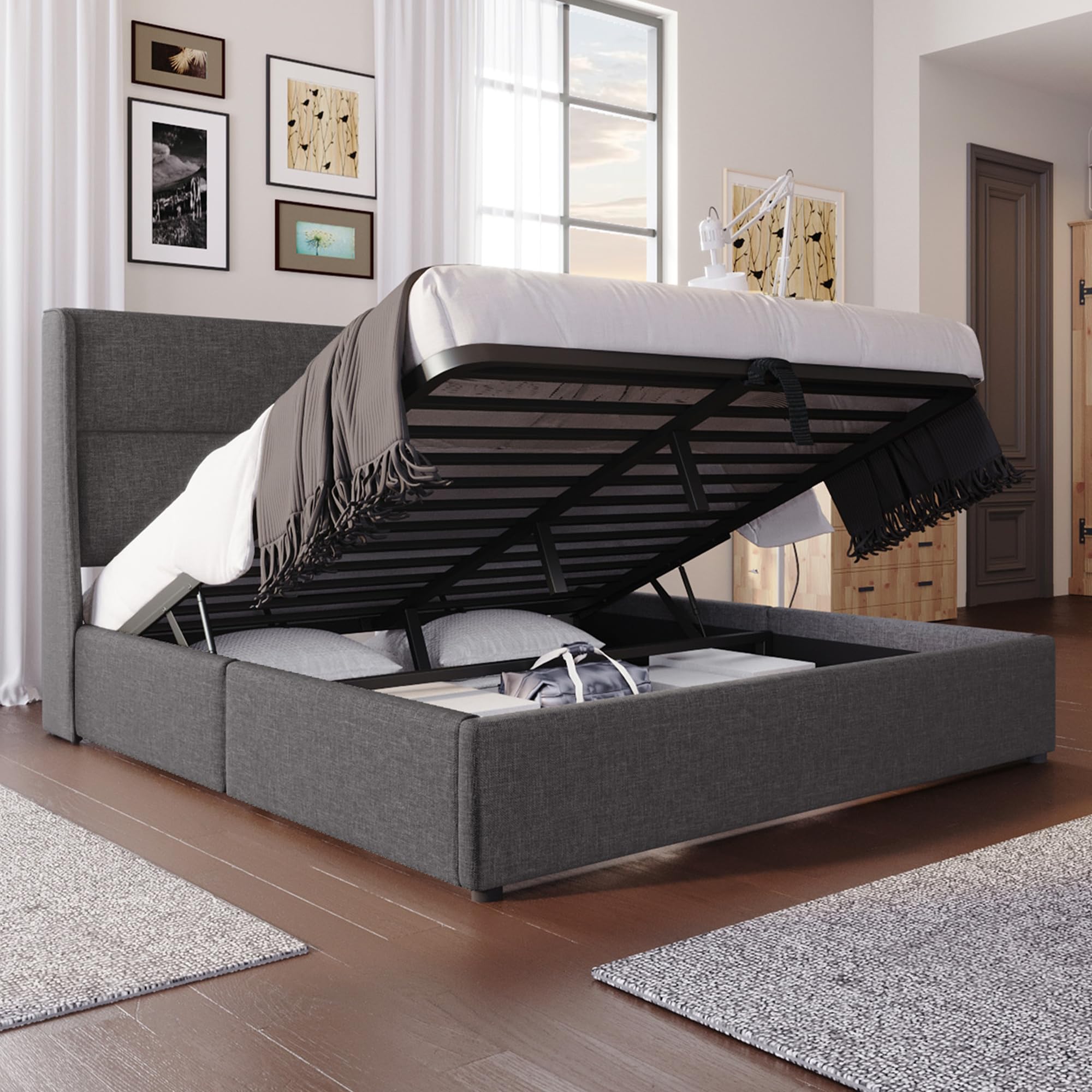 Dolamaní Boxspringbett Doppelbett 180x200 cm, Polsterbett mit Verstellbare Kopfstützen,Hydraulisches Bettgestell mit Stauraum, Bett mit Metall- Lattenrost, Leinen Ohne Matratze (Grau)