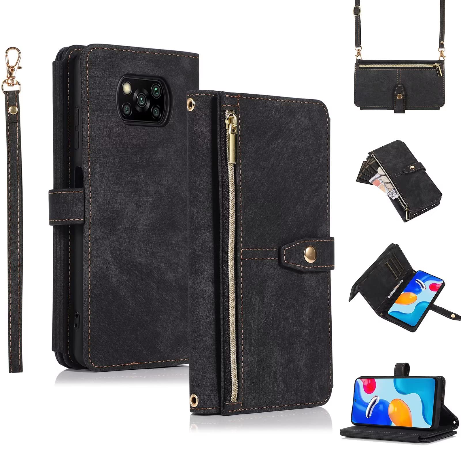 ESONG Klapphülle Für Xiaomi Poco X3/X3 Pro/X3 NFC – Mit 9 Kartenfächern, Magnetverschluss & Abnehmbarem Gurt (PU Leder)