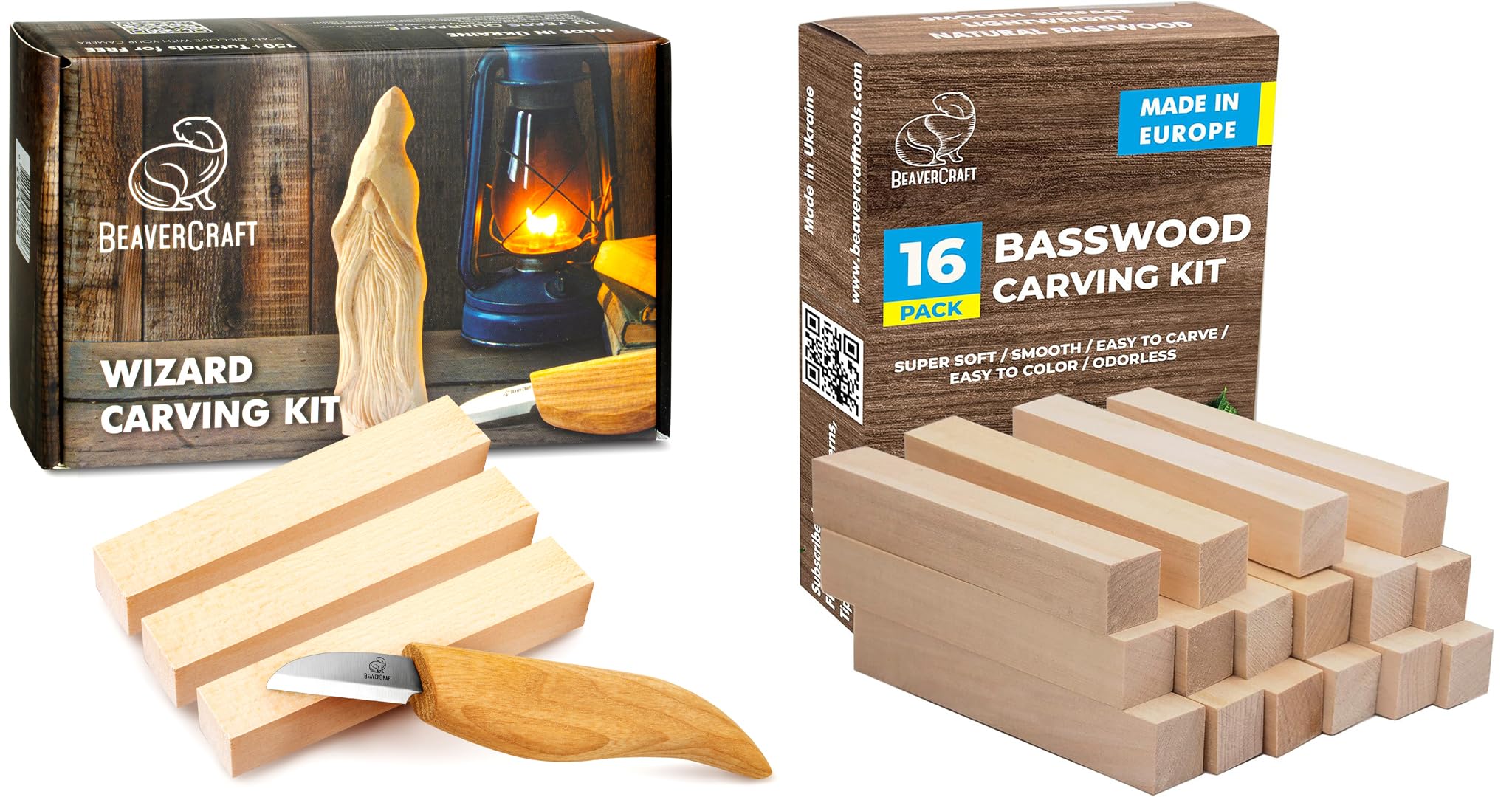 BeaverCraft Holzschnitz-Set Zauberer DIY03 mit Lindenholz BW16 – DIY Starter-Schnitzset für Erwachsene & Jugendliche mit Messer & Holz plus 16-teiliges Lindenholz-Set zum Figuren-Schnitzen & Basteln