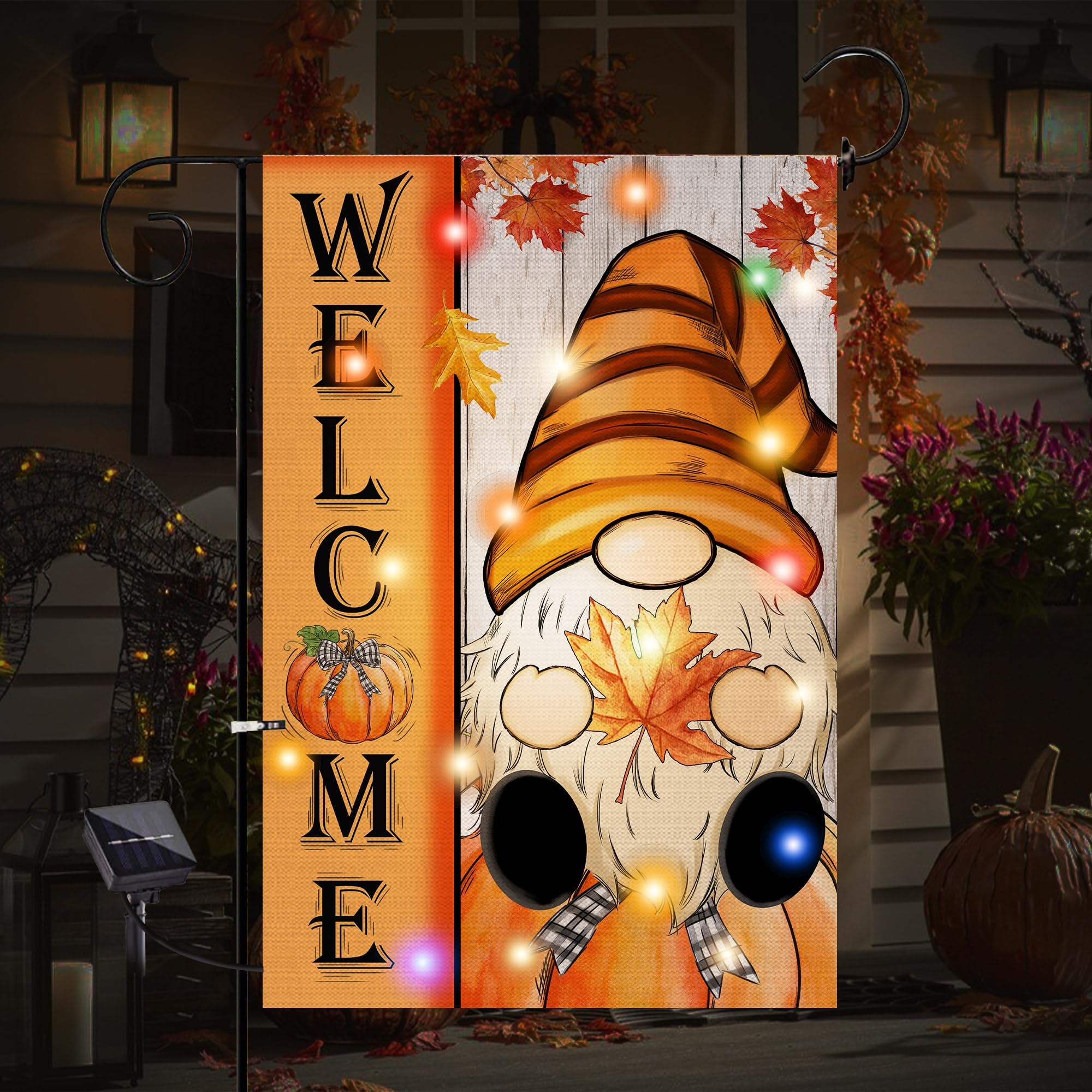 Hexagram Lighted Fall Garden Flag, Fall Decorations Pumpkin Gnome Welcome Garden Flags 12x18 Double Sided, Fall Solar Decorations for Porch Yard Gnome Fall Flags Outdoors