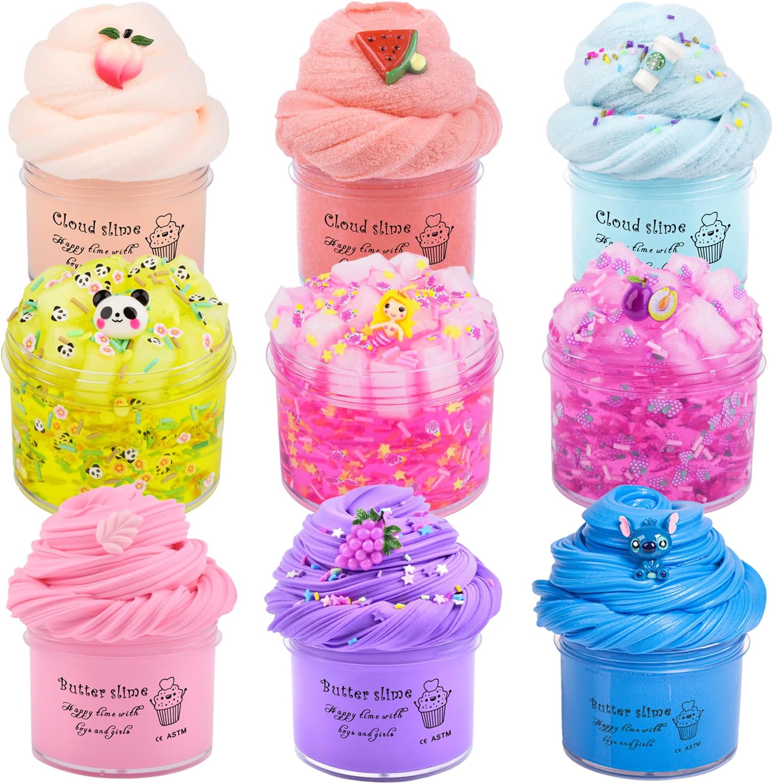 9 Pack Slime Kit, with 3 Jelly Cube Crunchy Slime and 3 Butter Slime and 3 Cloud Slime, Crystal Slime Kit, Soft and Non-Sticky for Girls Boys Party Gift, Cute Stress Kids Relief Toys, DIY Slime Toy