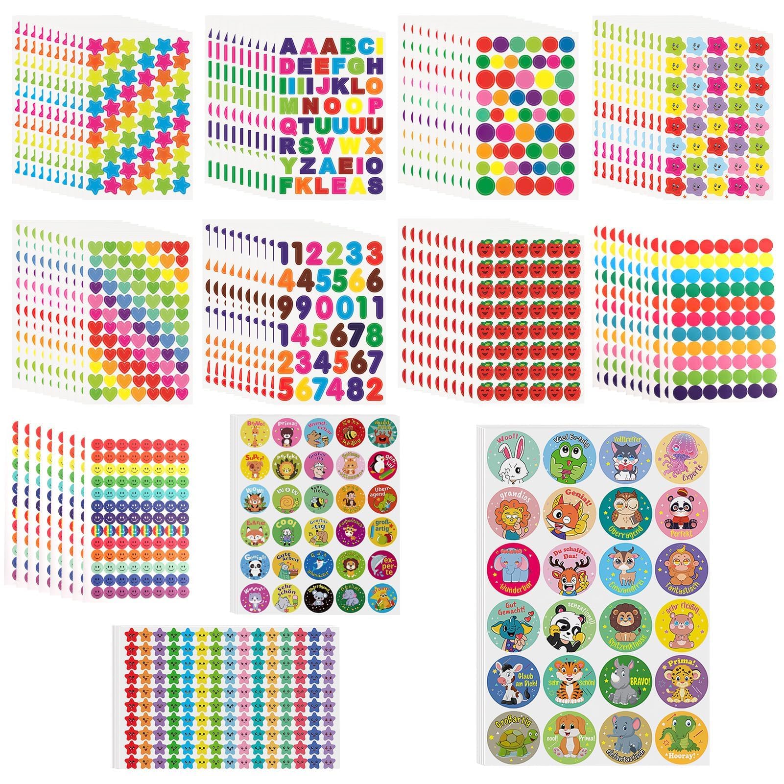 6410 Piezas/105 Hojas Pegatinas para Niños Stickers Infantiles Coloridas Número Letras Redondas Estrella Smiley Corazones mini Autoadhesivas Pegatinas para DIY Decoración Manual del Álbum de Recortes