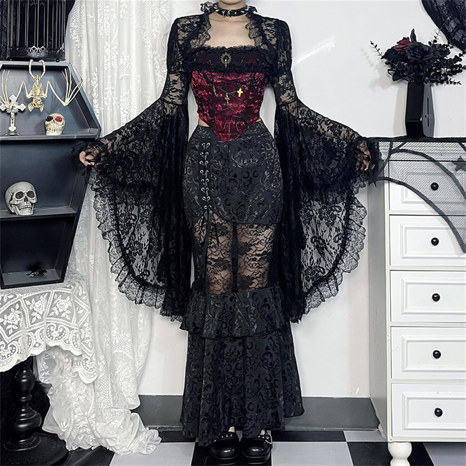Women Gothic Lace Shawl Cardigan Open Front Bolero Shrug Y2K Cropped Bell Sleeve Crop Top Shirt - Image 2