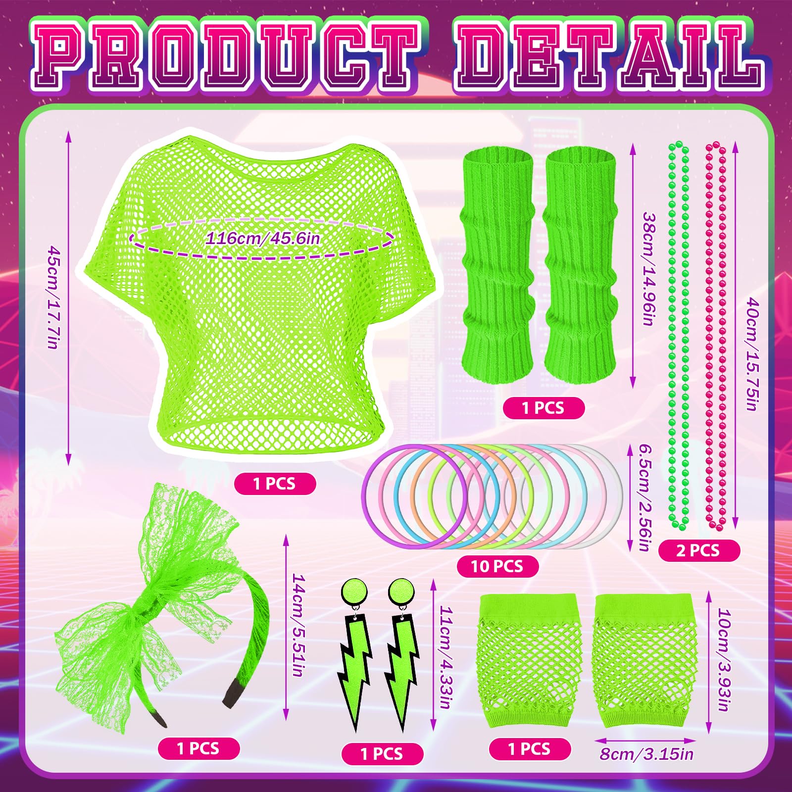 Shepinsky 80s Fancy Dress for Women,1980s Fancy Party Costumes Accessories Set,80s Outfits Neon Mesh T-Shirt,Leg Warmers Fishnet Gloves Headband Earrings Bracelets Necklaces for Retro Party Dress up - Image 2