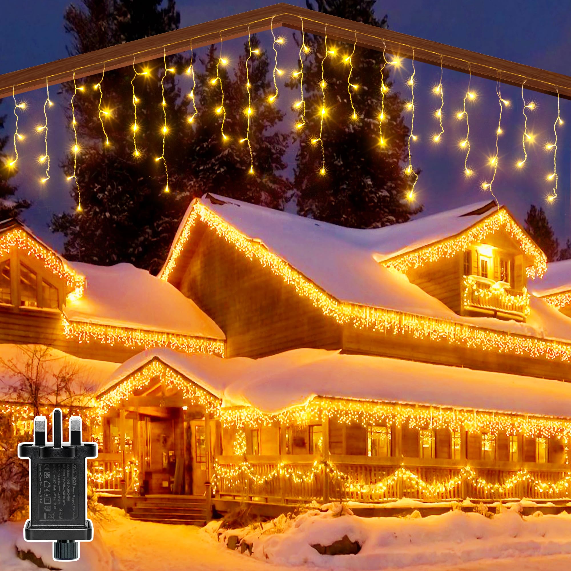 ZeMu Icicle Outdoor Christmas Lights, 216LEDs 7.5m Waterproof Outside Fairy Lights Mains Powered, Indoor Hanging String Lights Plug in Warm White for House Roof Porch Balcony Gutter Xmas Decorations