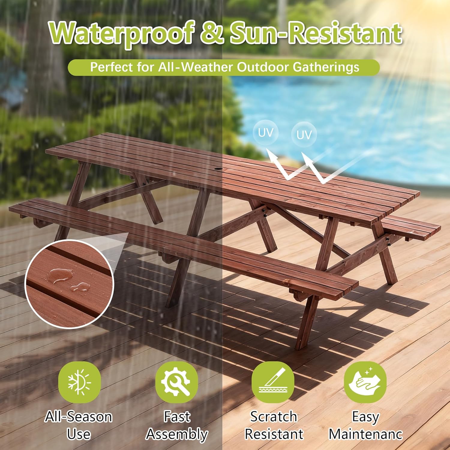 94.5" Picnic Table with Bench for 12 Person Extra Large Rectangle Outdoor Wooden Outdoor Picnic Tables for Patio Garden Backyard Large Outside Dining Table Set with Umbrella Hole