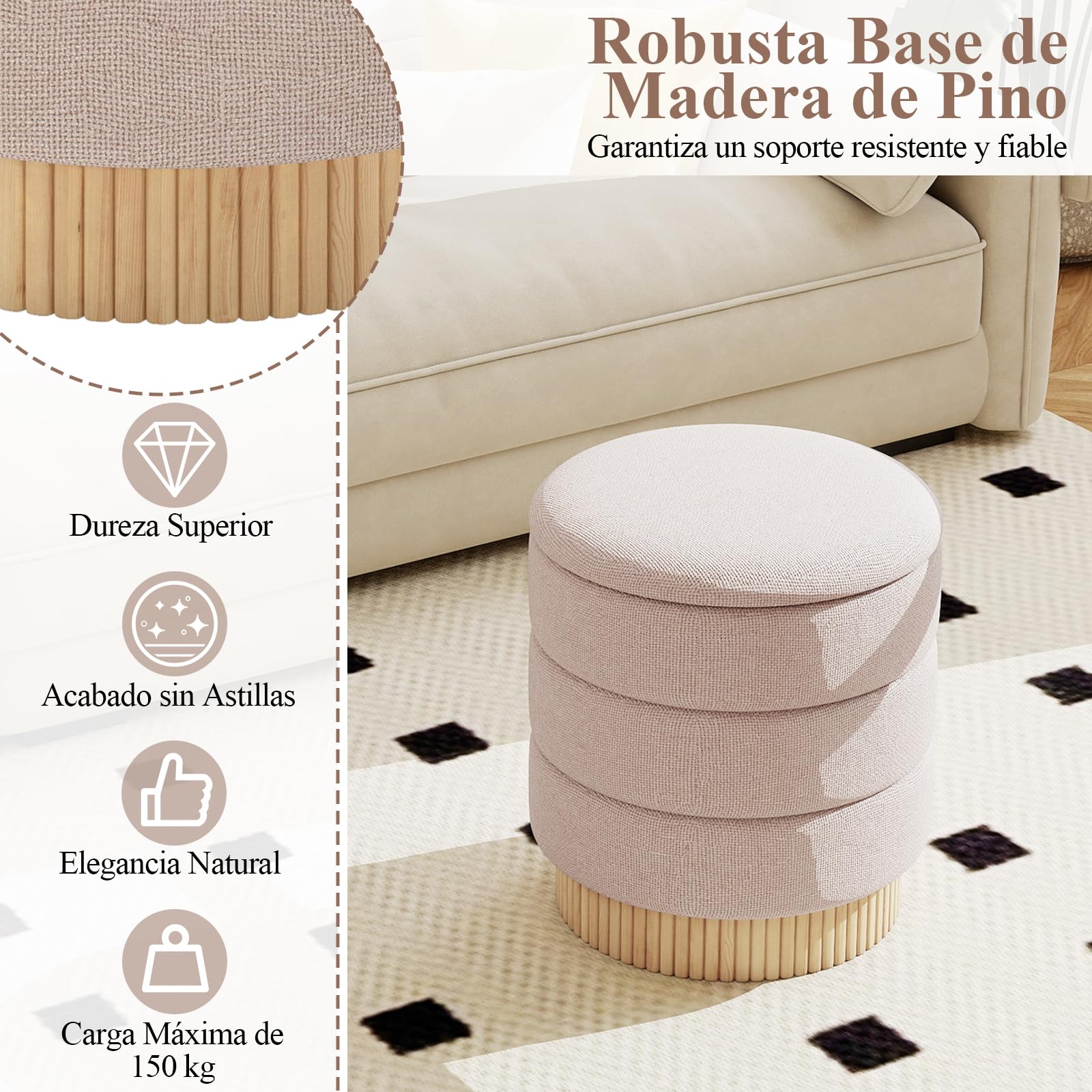 COSTWAY Puff con Almacenaje, 43x46 cm, Taburete de Tocador Redondo con Tapa Extraíble y Base de Madera, Asiento Tapizado, Mesa Ayudante y Reposapiés en uno para Salón, Dormitorio, Carga 150kg, Beige