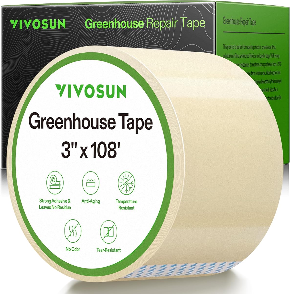VIVOSUN Greenhouse Repair Tape, 6.3 mil 3" x 108' Heavy Duty Plastic Tape | PE Material, 6mil Poly Repair Tape, Weatherproof, Strong Adhesion, Green House Repair Tape for Outdoor Indoor Use