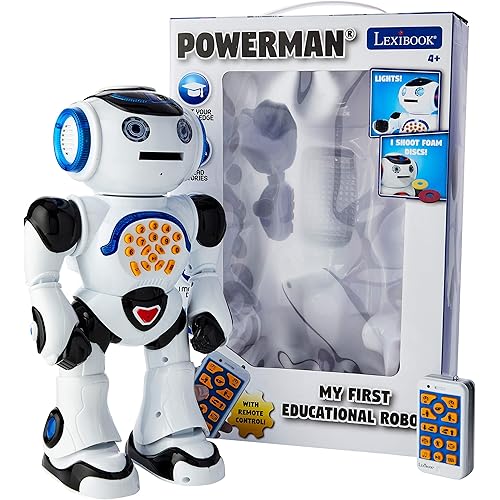 LEXiBOOK ROB50EN_09 Powerman Remote Control Walking Talking Toy Robot, Educational Robot, Dances, Sings, Reads Stories, Math Quiz, Shooting Discs, & Voice Mimicking, Black, White