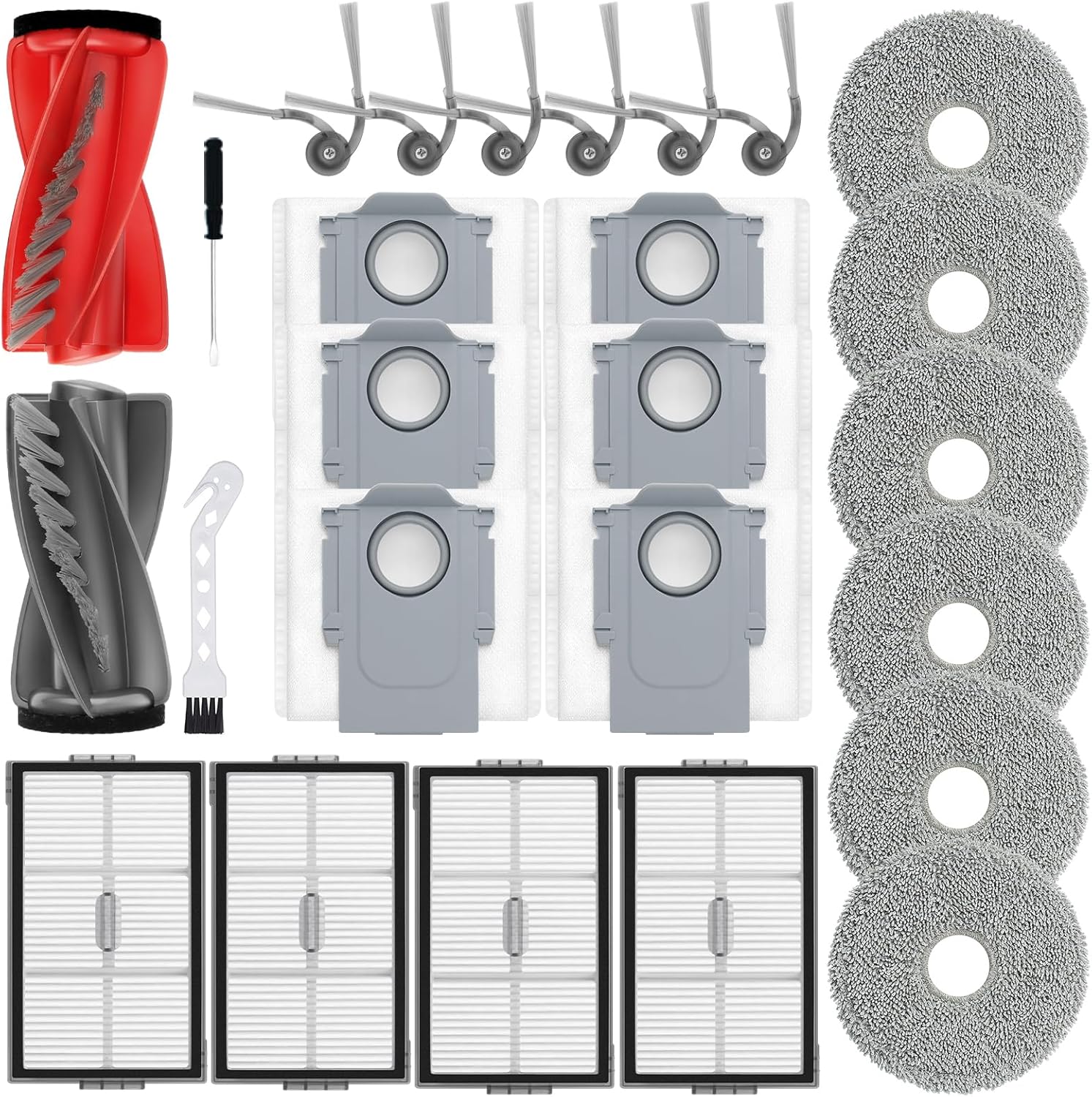26Pcs Replacement Accessories Compatible with for Roborock Saros 10R Robot Vacuum Parts Kit, 2 Main Brush, 4 Hepa Filter, 6 Mop Pads, 6 Side Brush, 6 Dust Bags, 1 Screwdriver 1 Clean Tool