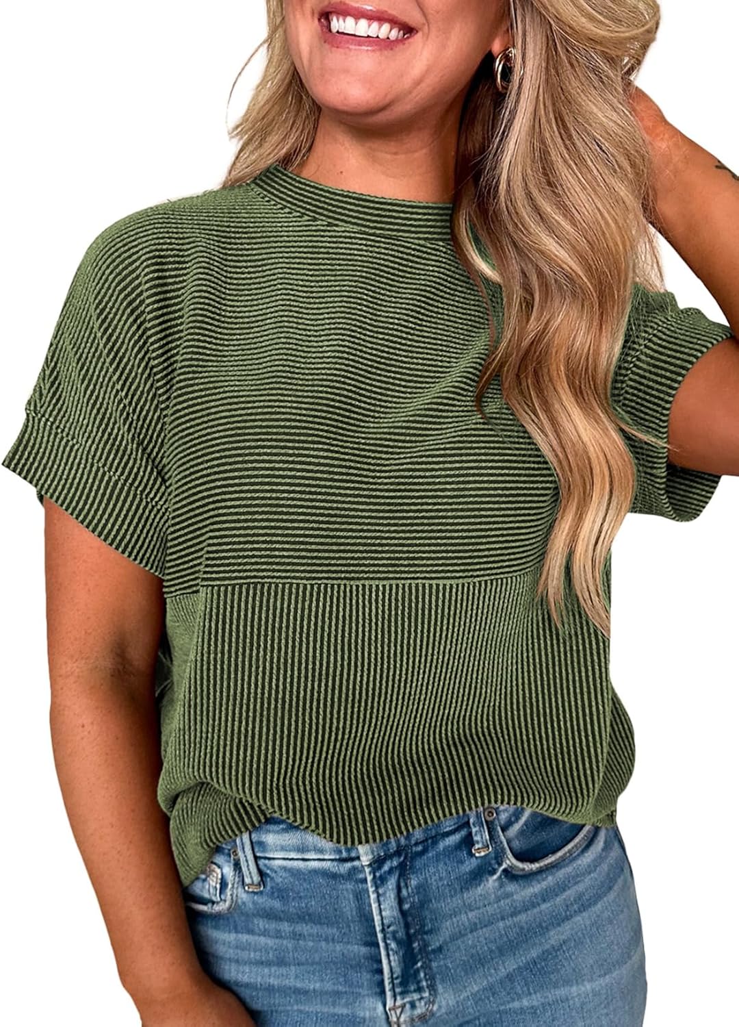 EVALESS Short Sleeve Shirts for Women Casual Spring Summer Tops Ribbed Knit Striped Womens Tops Crewneck Loose Fit T Shirts