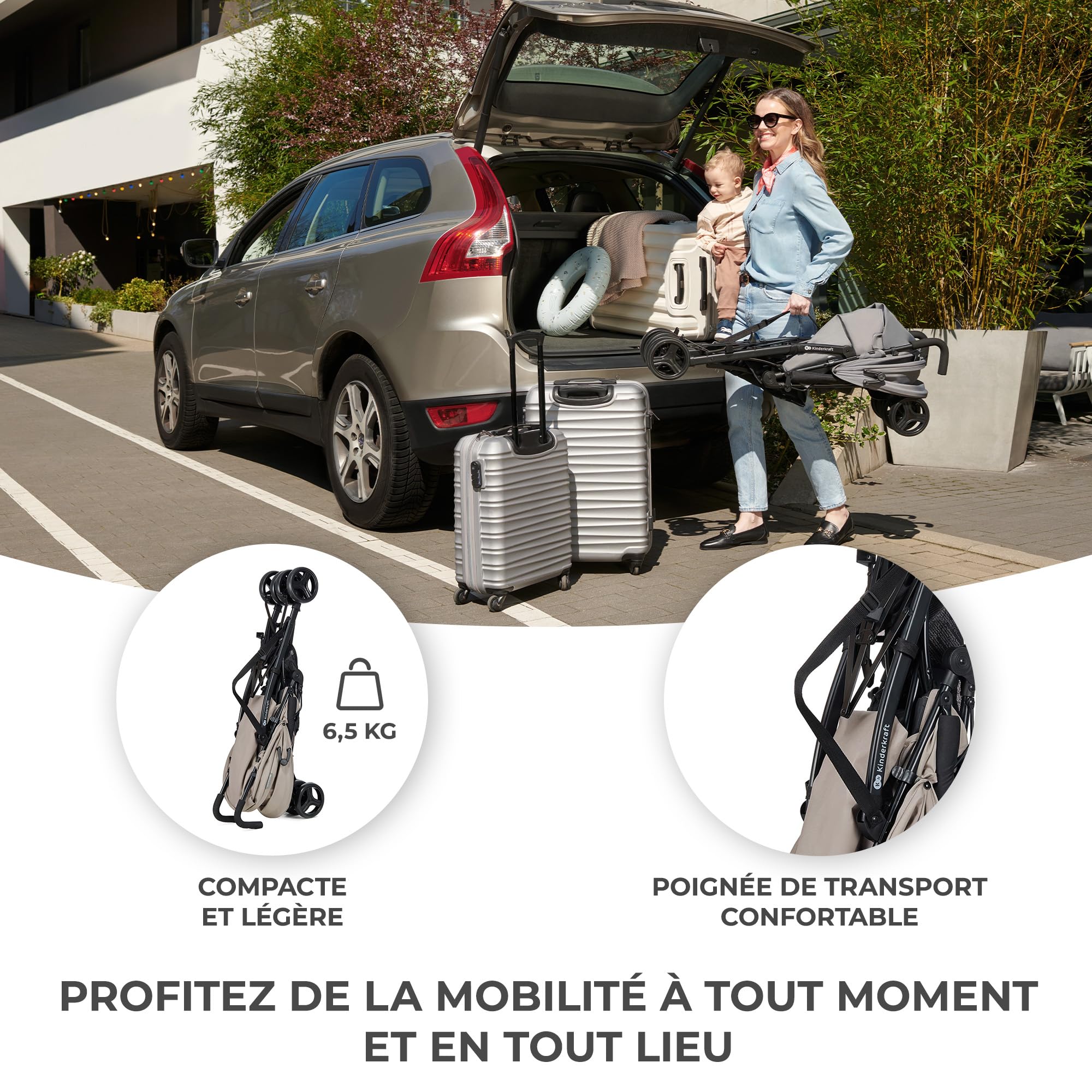 Kinderkraft TIK Poussette Légère, Ne Pèse Que 6,5 kg, Poussette De Voyage, Facile À Pince, Dossier Réglable En Position Allongée, De La 6 Mois, poids maximum jusqu'à 17kg, Beige
