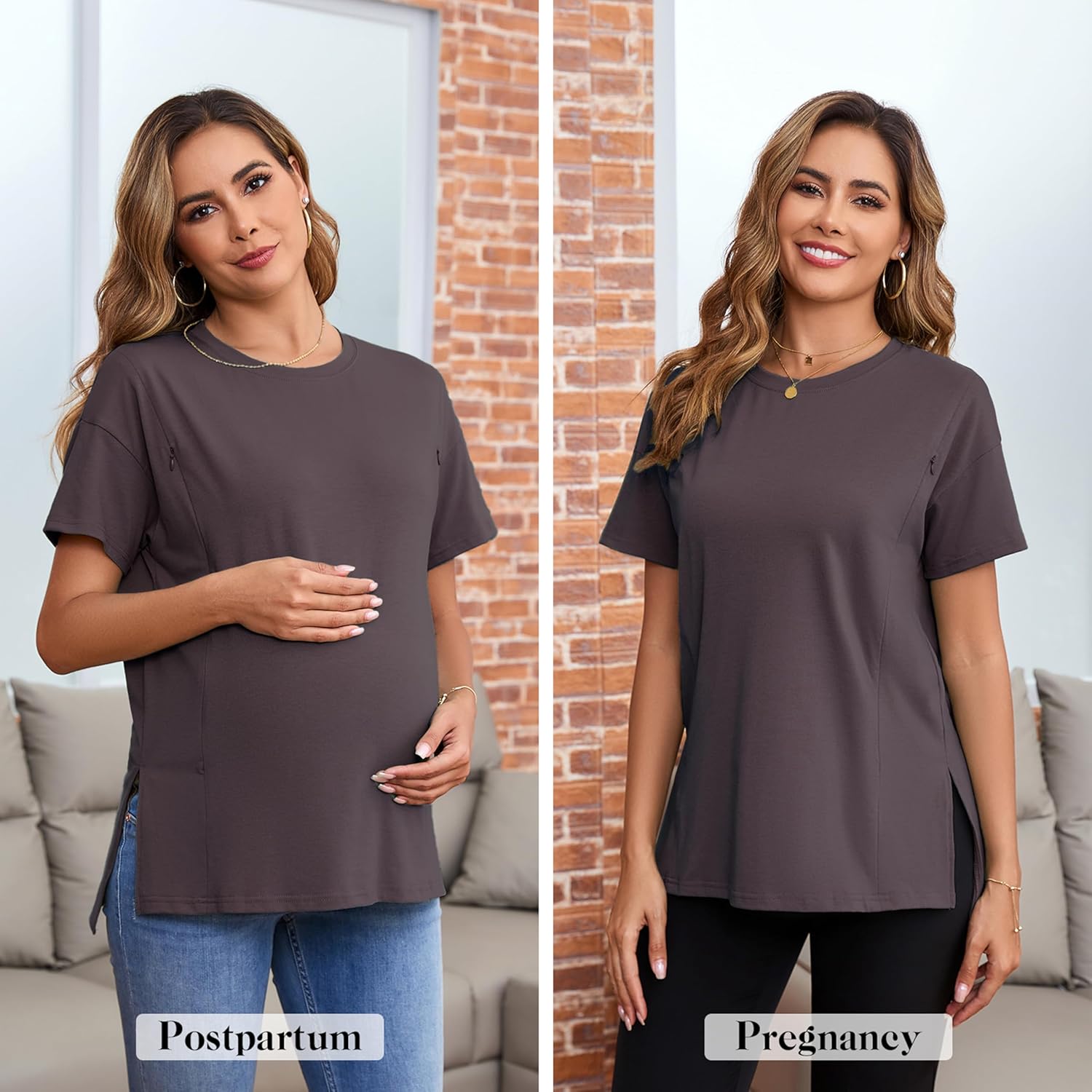 Ecavus Women's Oversized Nursing Shirts for Breastfeeding with Hidden Zipper Short Sleeves Side Splits Maternity Tops - Image 2