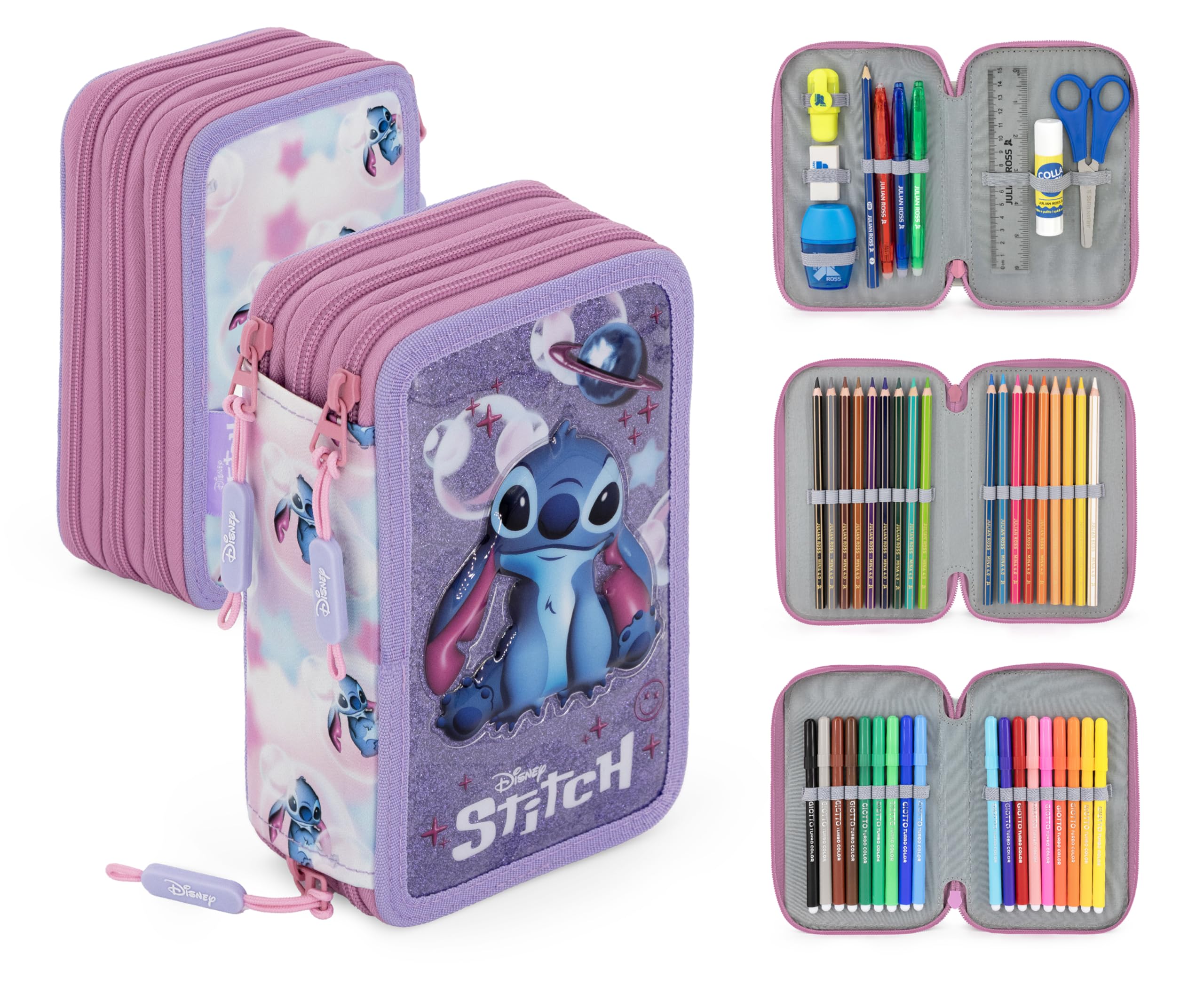 Clondo Set Scuola 2 Pezzi Per Stitch Fan Zaino Scuola Elementare Bambina 43cm Ergonomico + Astuccio 3 Scomparti Completo (46 Accessori)