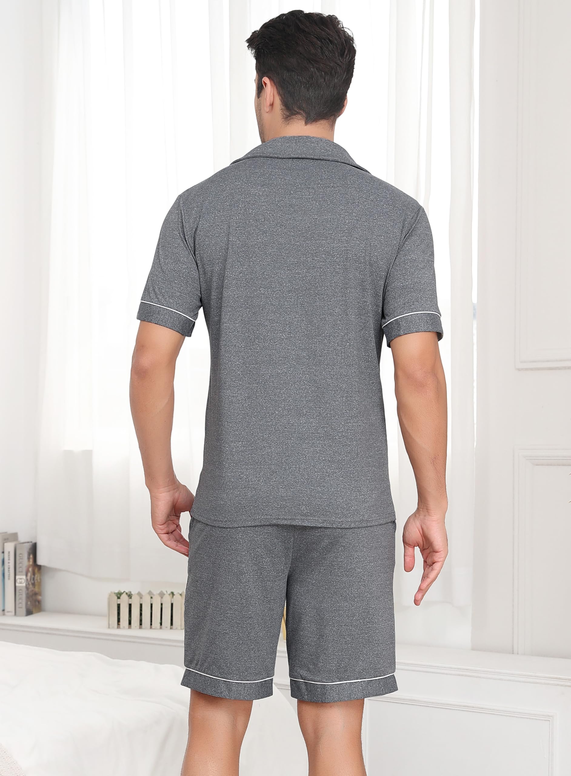 Sopesil Pigiama Uomo Estivo Corto Pigiami Due Pezzi Uomo Cotone con Bottoni Davanti e Maniche Corte Abbigliamento da Notte con Tasche Coulisse