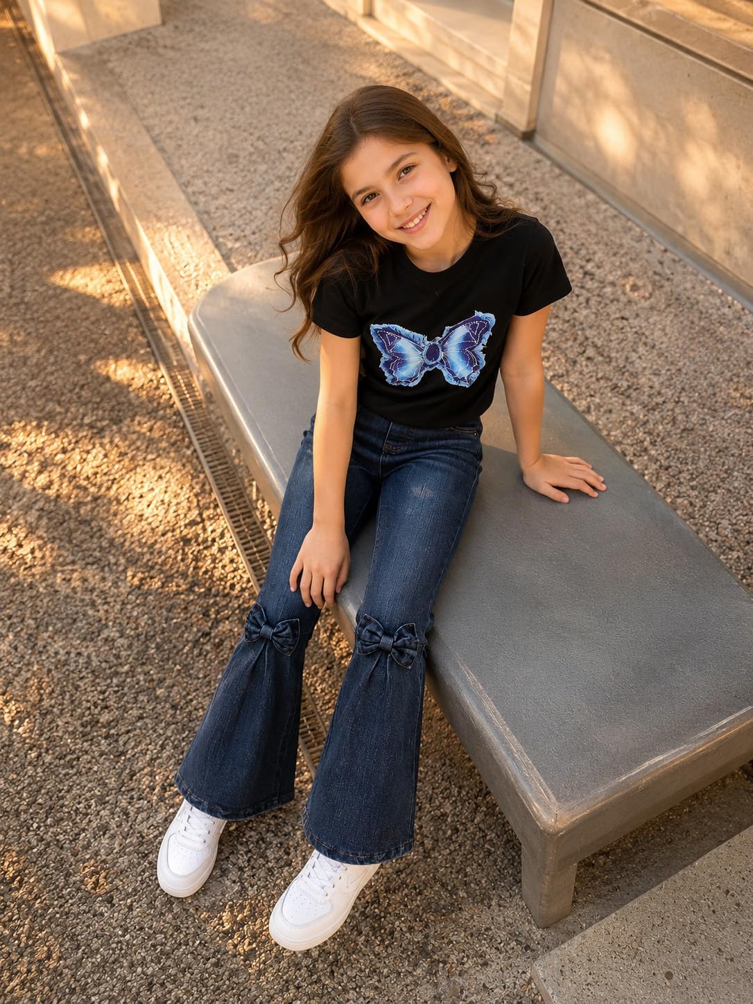 Tween Girls Clothes Short-Sleeve Top Bowknot Print & Flared Jeans for 2 Piece Summer Fall Outfits Teen 7-14Y