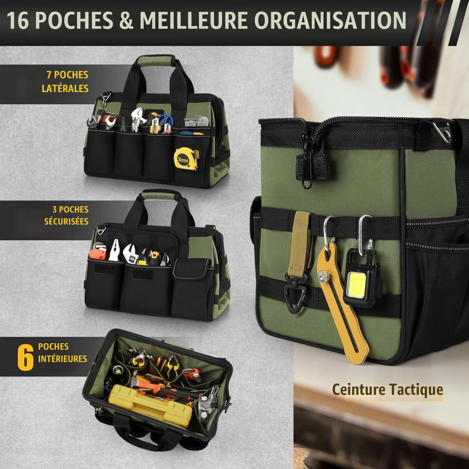 Sacoche Outils,Sac Outils vide,25 Poches Grand Ouverture Robuste Sac à Outils,Organiseur de Rangement,étui de Transport pour Papa,Homme,Mécanicien,électricien,Jardinage(Sac Uniquement)