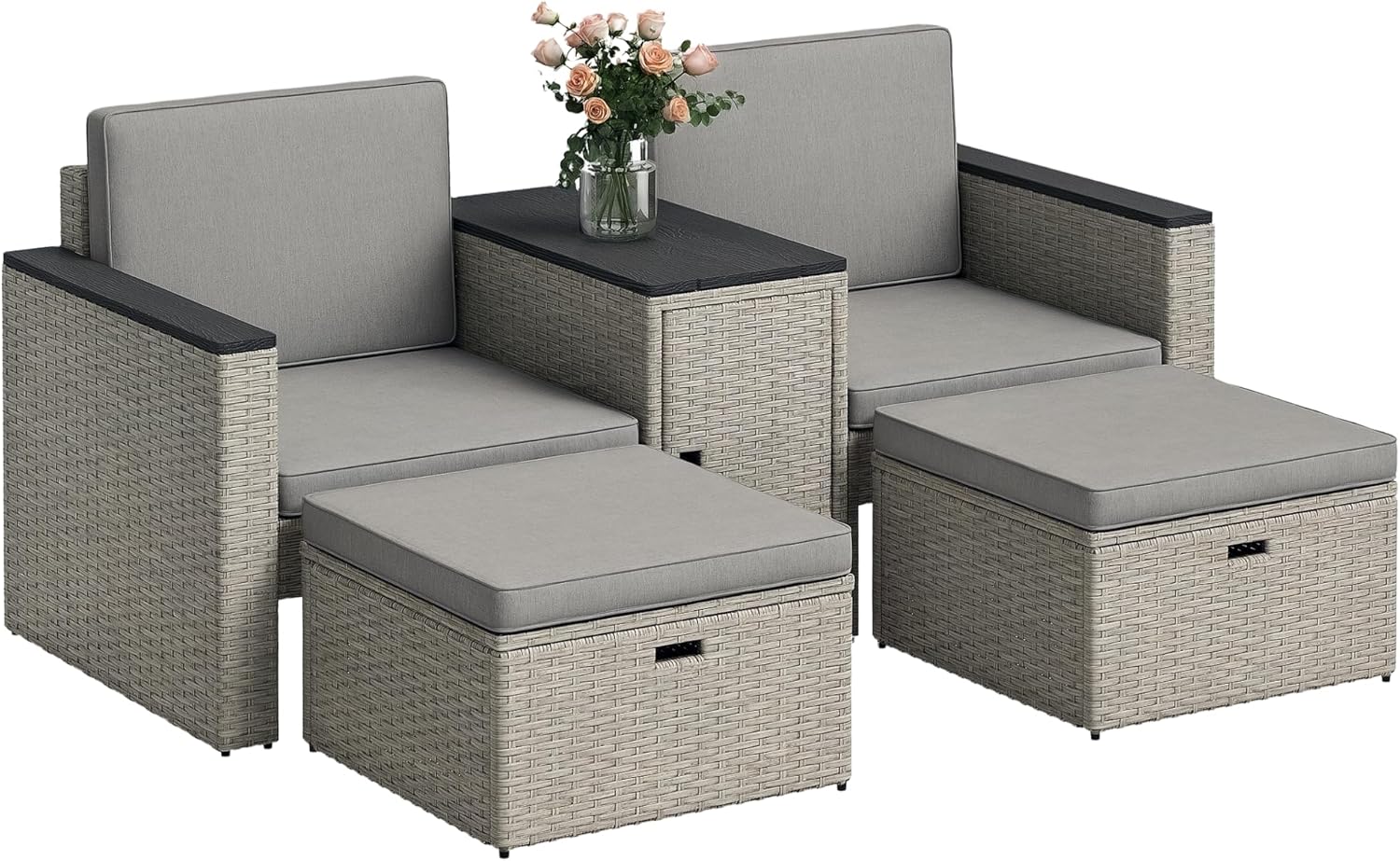 Outsunny 5 Piece Rattan Garden Furniture Set, Nesting Outdoor Furniture Conversation Set with 2 Footstools, WPC Storage Coffee Table and Cushions, Wicker Garden Sofa for Conservatory, Terrace, Grey