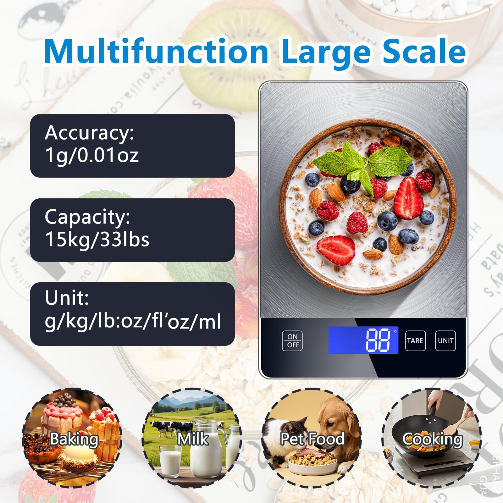 Báscula digital para alimentos, 33 libras, peso en gramos y onzas para cocinar y hornear, graduación precisa de 1 g, acero inoxidable y vidrio templado