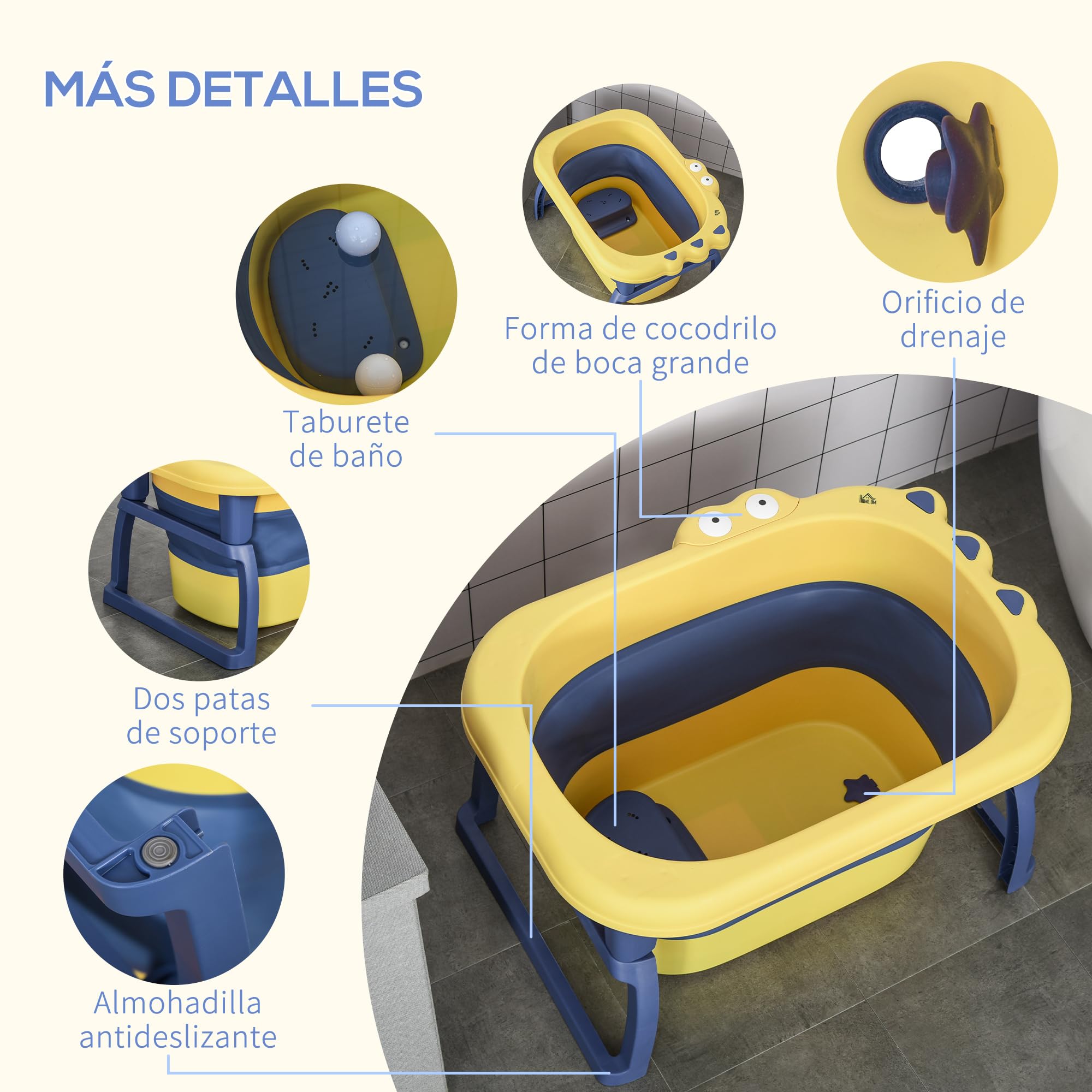 HOMCOM Bañera Plegable para Bebé de Recién Nacidos hasta 6 Años Bañera Portátil para Niños con Patas Antideslizantes 105L Amarillo y Azul