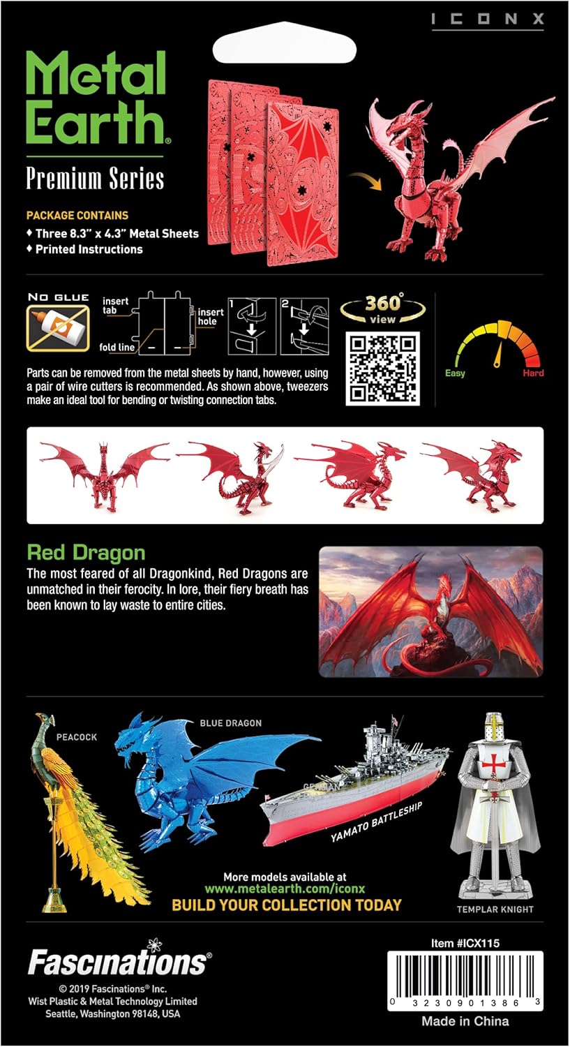 Metal Earth Fascinations Premium Series Red Dragon 3D Metal Model Kit Bundle with Tweezers