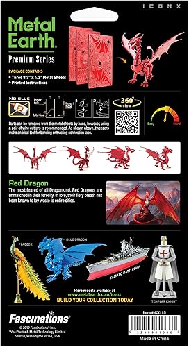Miniatura 2 de Metal Earth Fascinations Premium Series Red Dragon 3D Kit de modelo de metal con pinzas