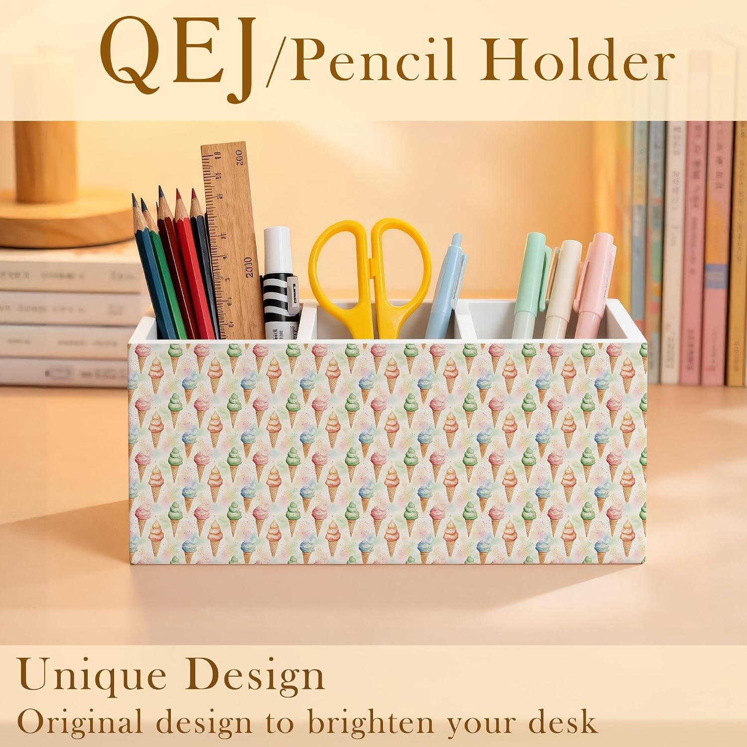 Summer Ice Cream Pen Holder for Desk, Ice Cream Lovers Gifts, Pastel Watercolor Ice Creams Cone Wooden Box Pencil Pen Organizer for Kids Room Home Office Desk Tabletop image 2