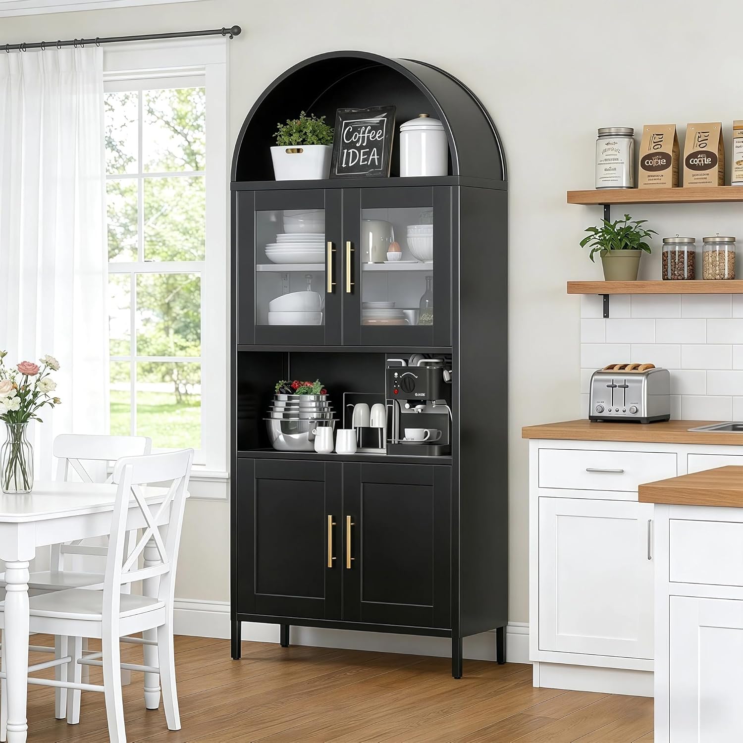 73" Tall Arched Kitchen Pantry Cabinet with Doors, Metal Arched Hutch Cabinet for Kitchen, Dining Room, Living Room, Assembly Required, Black