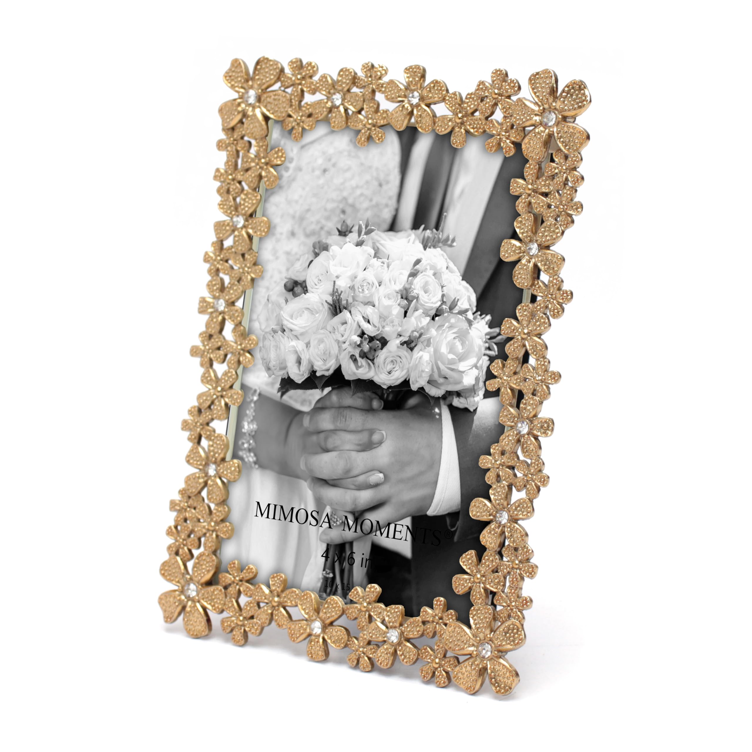 Metalowa ramka na zdjęcia w stylu Flora z kryształkami strasu (mosiądz, 10 x 15 cm)