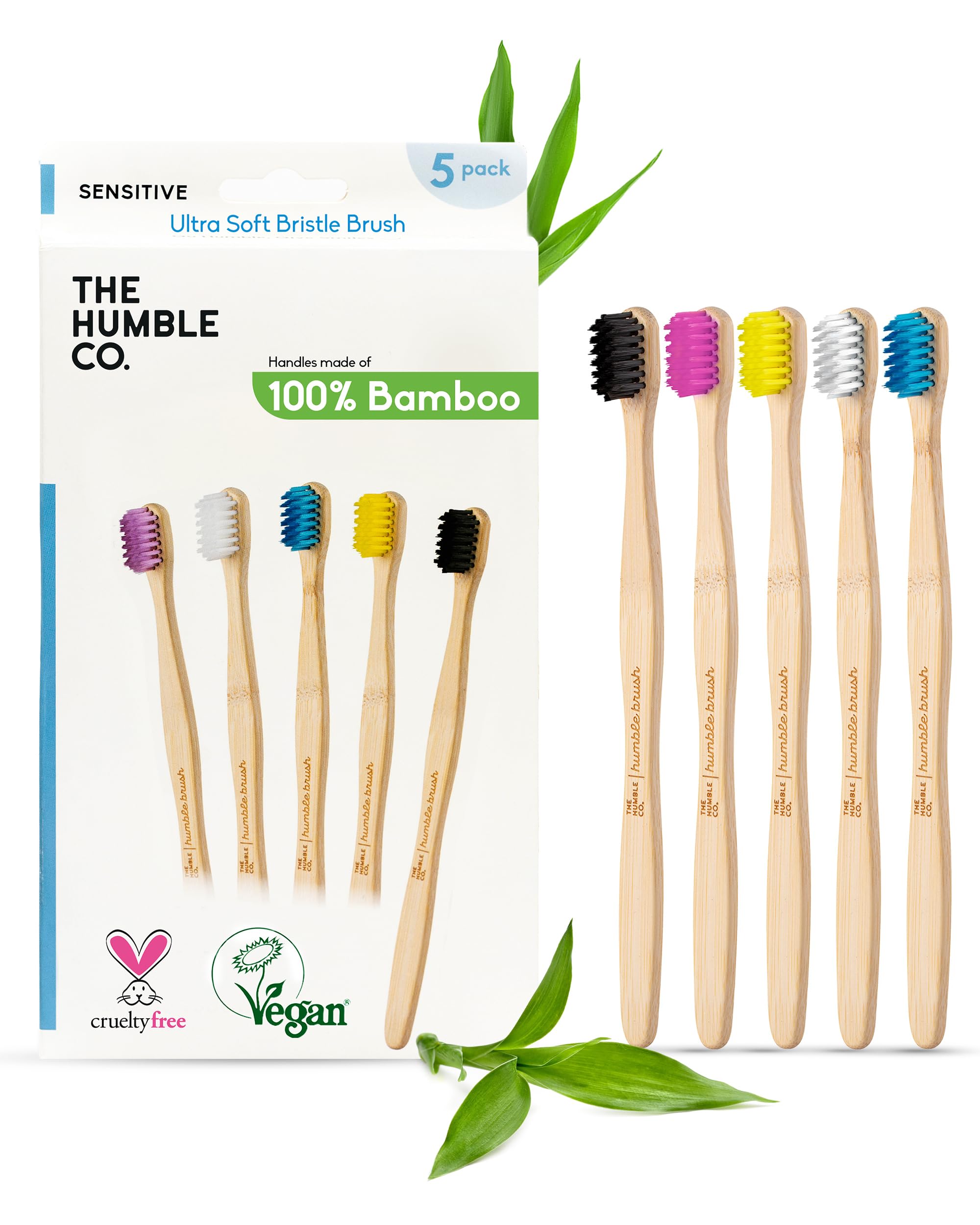 The Humble Co Bamboo Toothbrushes, 5 Pack - Ultra Soft Bristles Natural Bamboo Toothbrush - BPA Free Soft Bristles for Sensitive Gums - Non-Toxic & Plastic Free Handle - Dental Oral Care & Hygiene