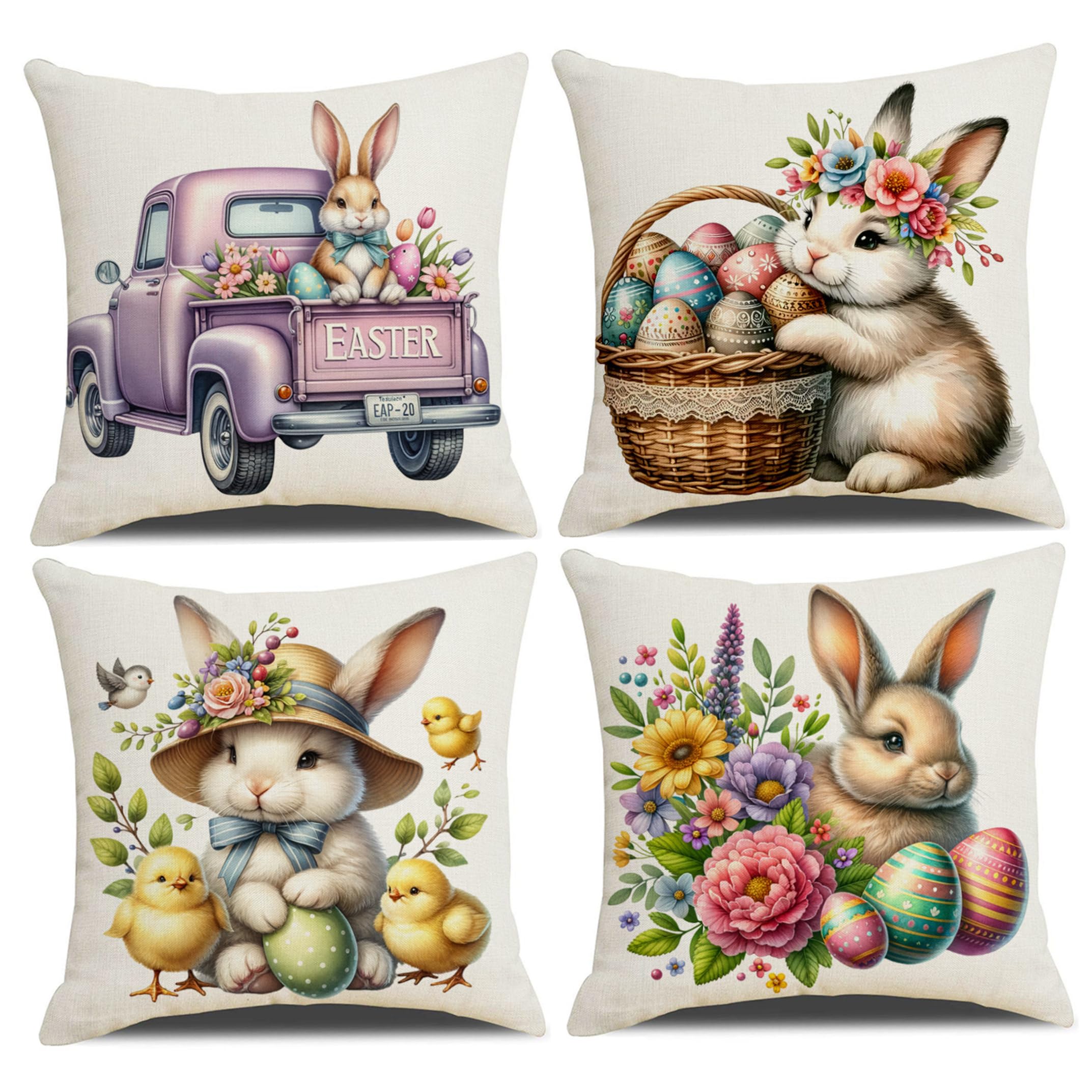 Monwssoe Cushion Covers, 4pcs Easter Throw Pillow Covers, Bunny & Egg Print Decorative Pillow Cases, Linen Fabric Easter Cushion, 18x18 Inch