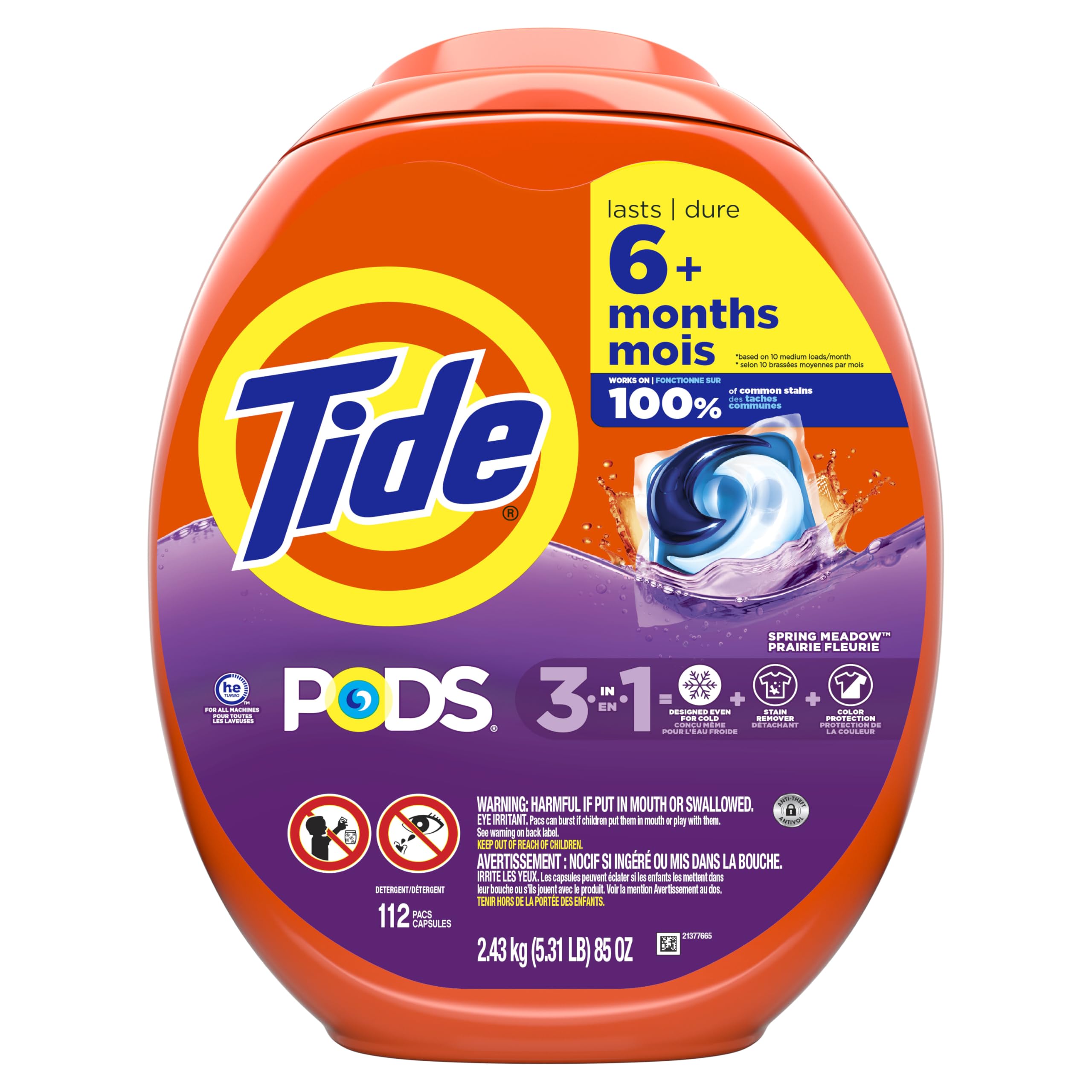 PODS laundry detergent pacs, 3-in-1 Stain Remover, Odor Fighter, Color Protector, 112 Count, HE compatible, Spring Meadow Scent