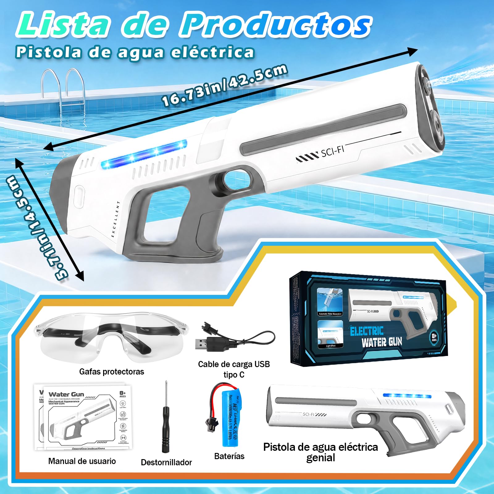 Pistola de Agua Electrica de Alta Potencia, Pistola de Agua Automática Recargable con Luces LED, Gafas Protectoras y Función de Llenado Automático para La Playa en Verano (Blanco)