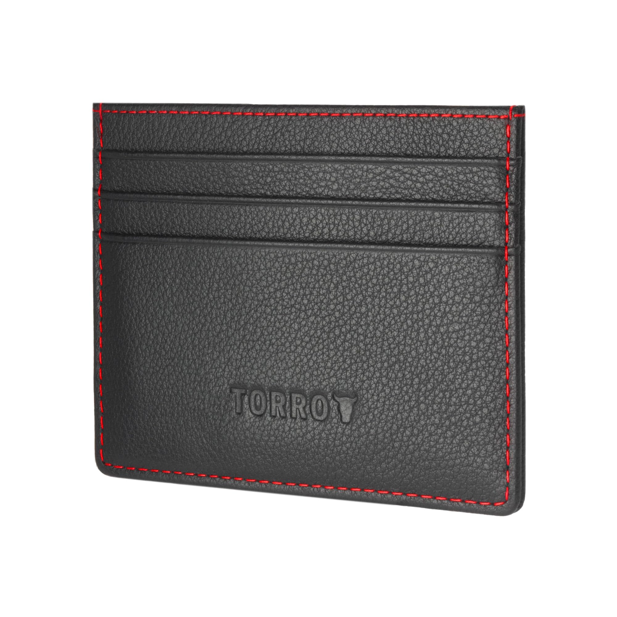 TORRO Card Holder – Genuine Leather Credit Card Holder Slim Wallet, Compatible with Contactless Transactions, Black with Red Detail, One Size, Classic
