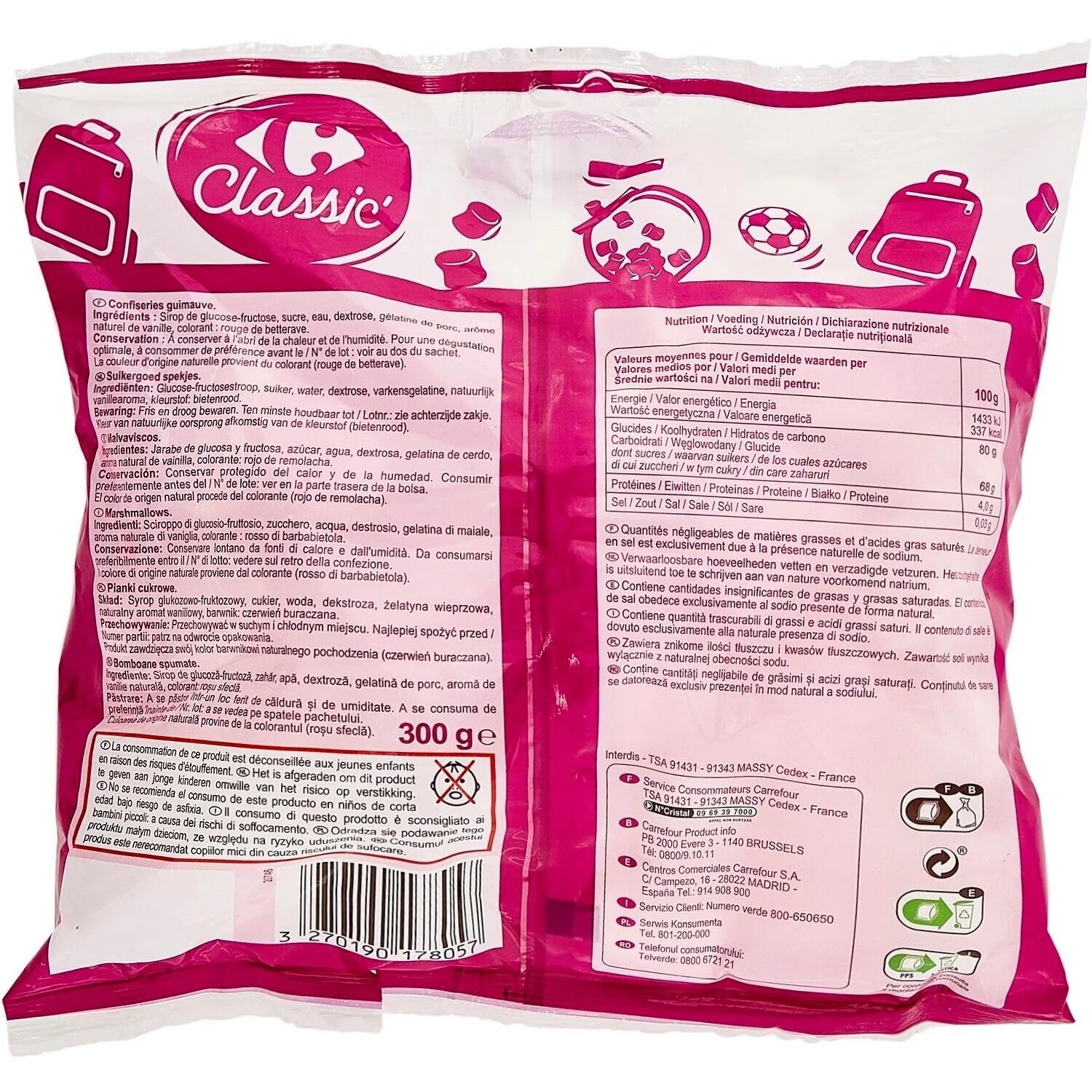 CARREFOUR CLASSIC' - Confiseries Guimauve Marshmallows à l'Arôme Naturel de Vanille - le sachet de 300g - Le Lot De 4