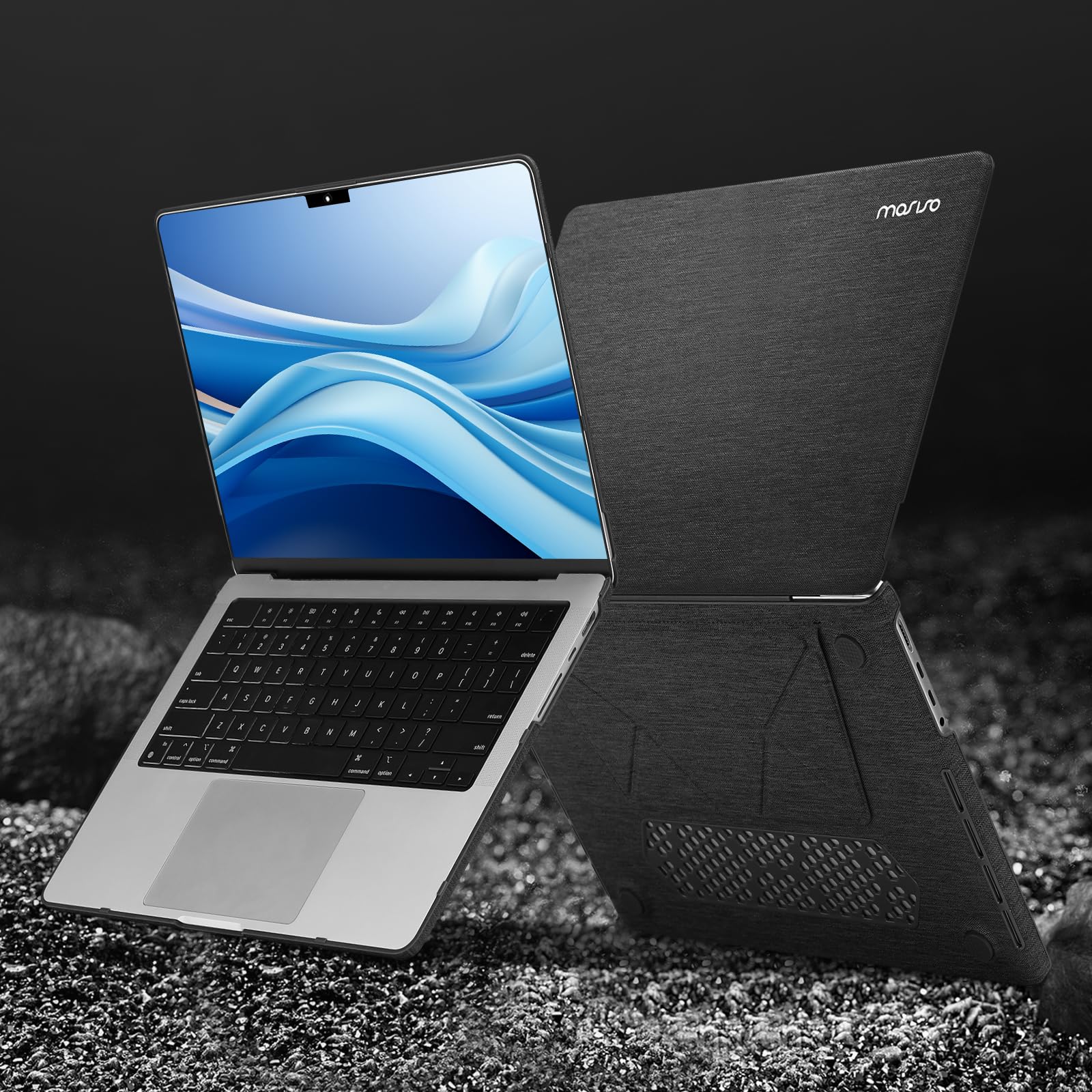 MOSISO Coque Compatible avec MacBook Pro 14 Pouces M5 M4 M3 M2 M1 2026-2021 | Pour A3246 A3247 A3434 A3112 A3185 A3401 A2918 A2992 A2779,Coques Tissu Tricoté Enduit avec Béquille Pliable,Noir