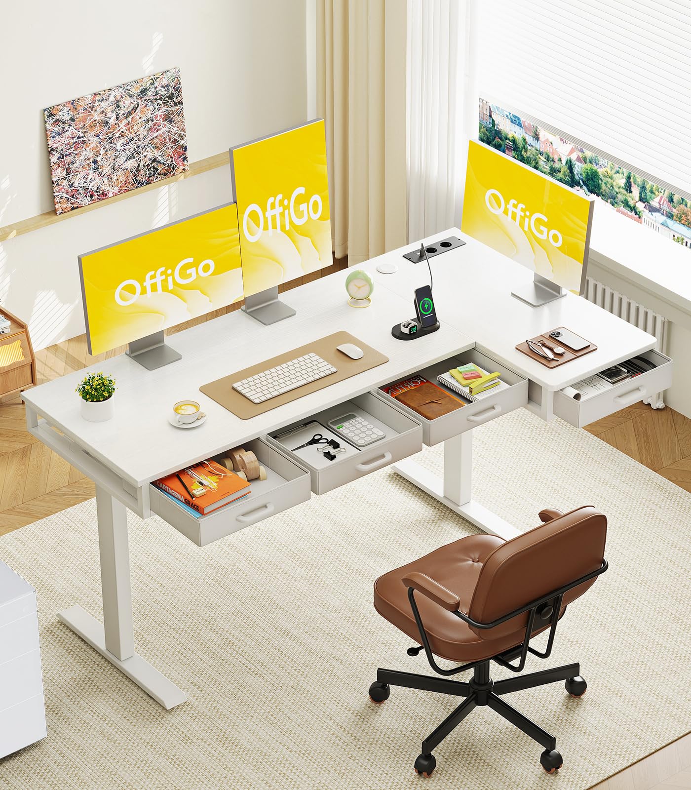 OffiGo Escritorio Elevable Esquinero con 4 Cajones, 140 x 80 cm, Blanco