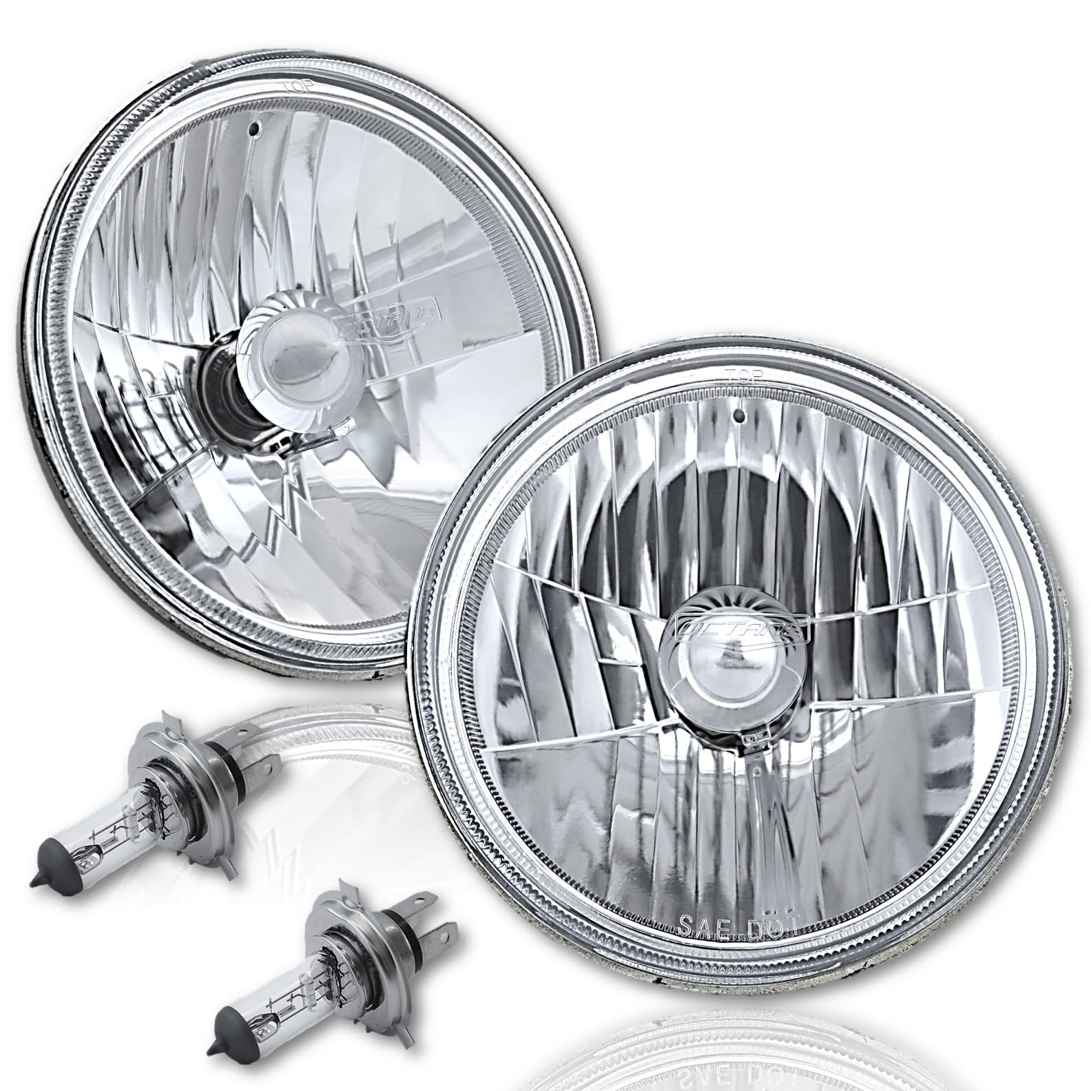 Octane Lighting 7" Crystal Clear Halogen Headlight Diamond Headlamp 12V 60/55W H4 Light Bulbs