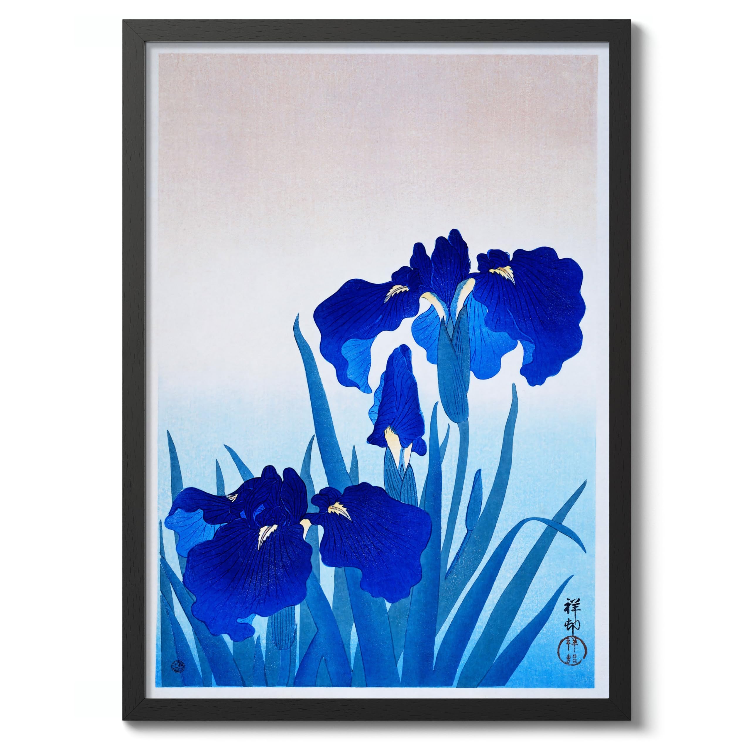 Iris Flowers Ohara Koson Poster, Japanese Woodblock Ukiyo-E Print, Vintage Nature Art Picture Animal Painting Wall Art Exhibition, Japan Artwork Home Decor, A5 (Black Frame) - 24.1x17.9cm