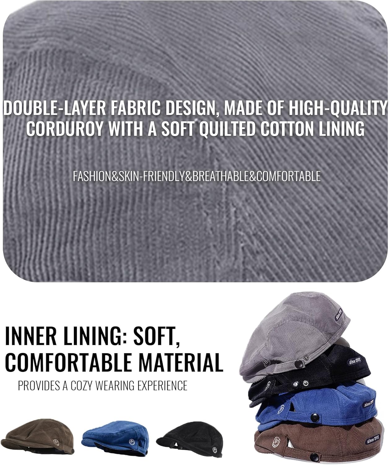 Croogo Men's Newsboy Flat Cap Corduroy Ivy Cap Casual Winter Duckbill Hat Irish Catsby Golf Beret Hat - Image 4