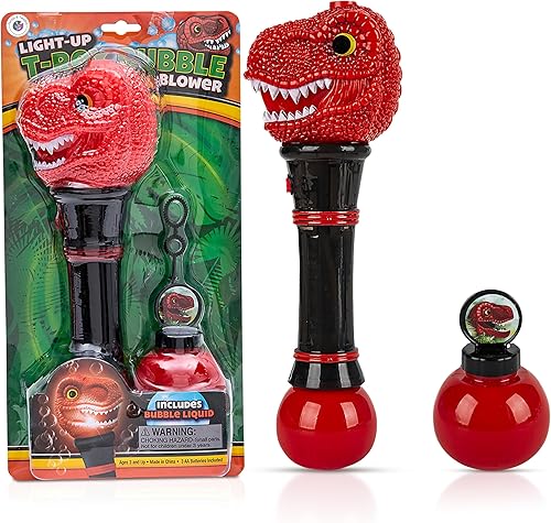 T-Rex - Pistola de burbujas de dinosaurio con luces LED deslumbrantes, varitas de burbujas Forest & Twelfth de 11.5 pulgadas para niños, lanzador de