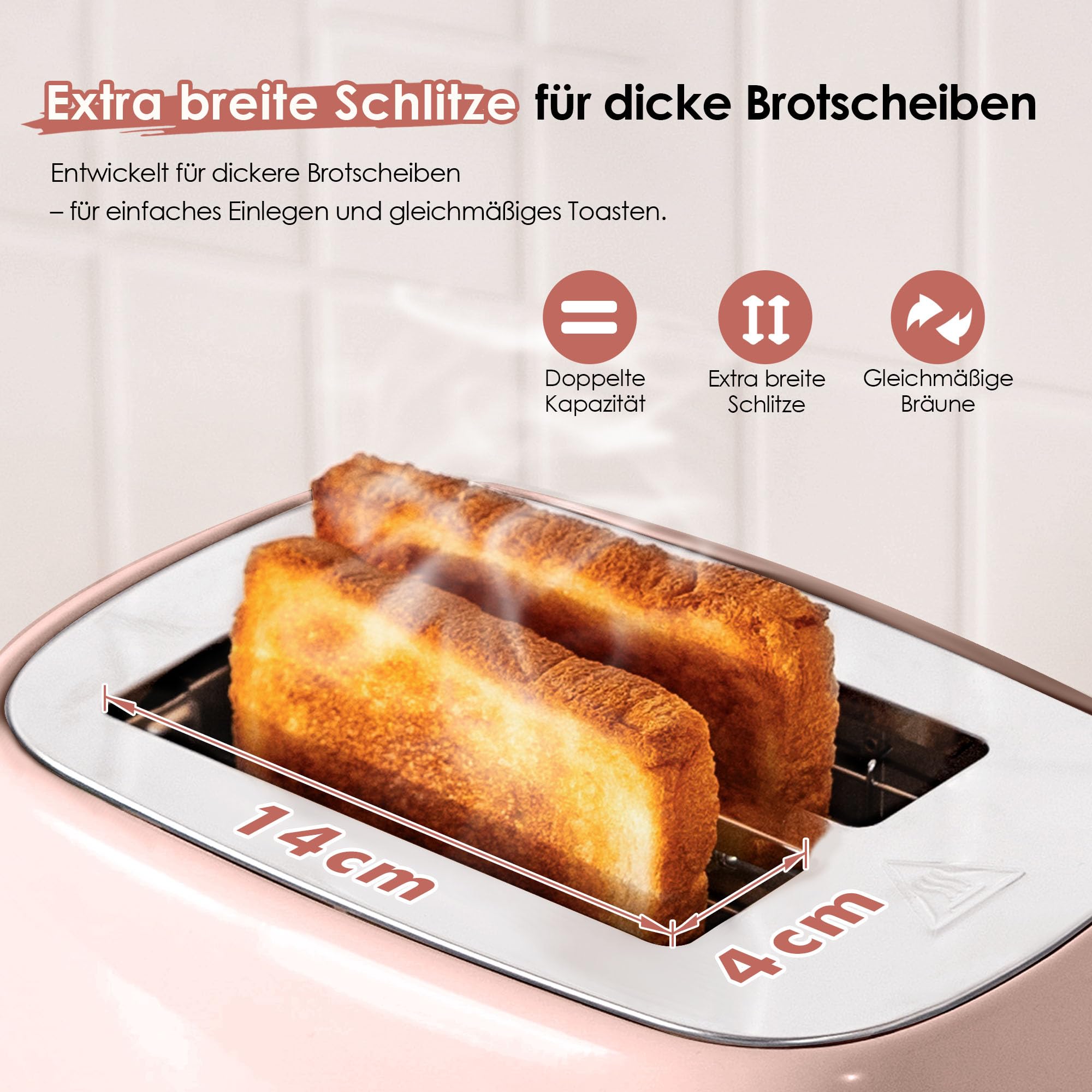 Fab by Kitchen in the box Rosa Toaster 2 Scheiben, Retro Toaster aus Edelstahl mit breiten Schlitzen und 7 Bräunungsstufen