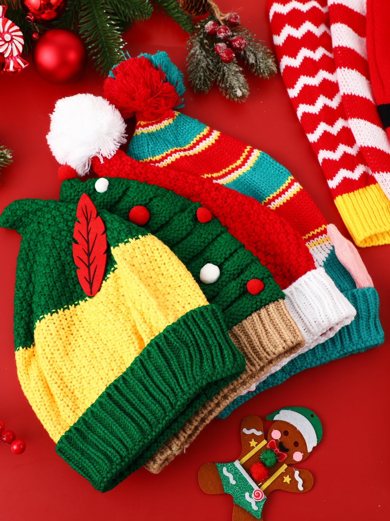 Liitrsh - Sombreros de Papá Noel unisex de punto de ganchillo (10 unidades), diseño de pompones, gorro de Navidad con pompones, sombrero de elfo divertido para mujer y hombre, para fiesta de Navidad